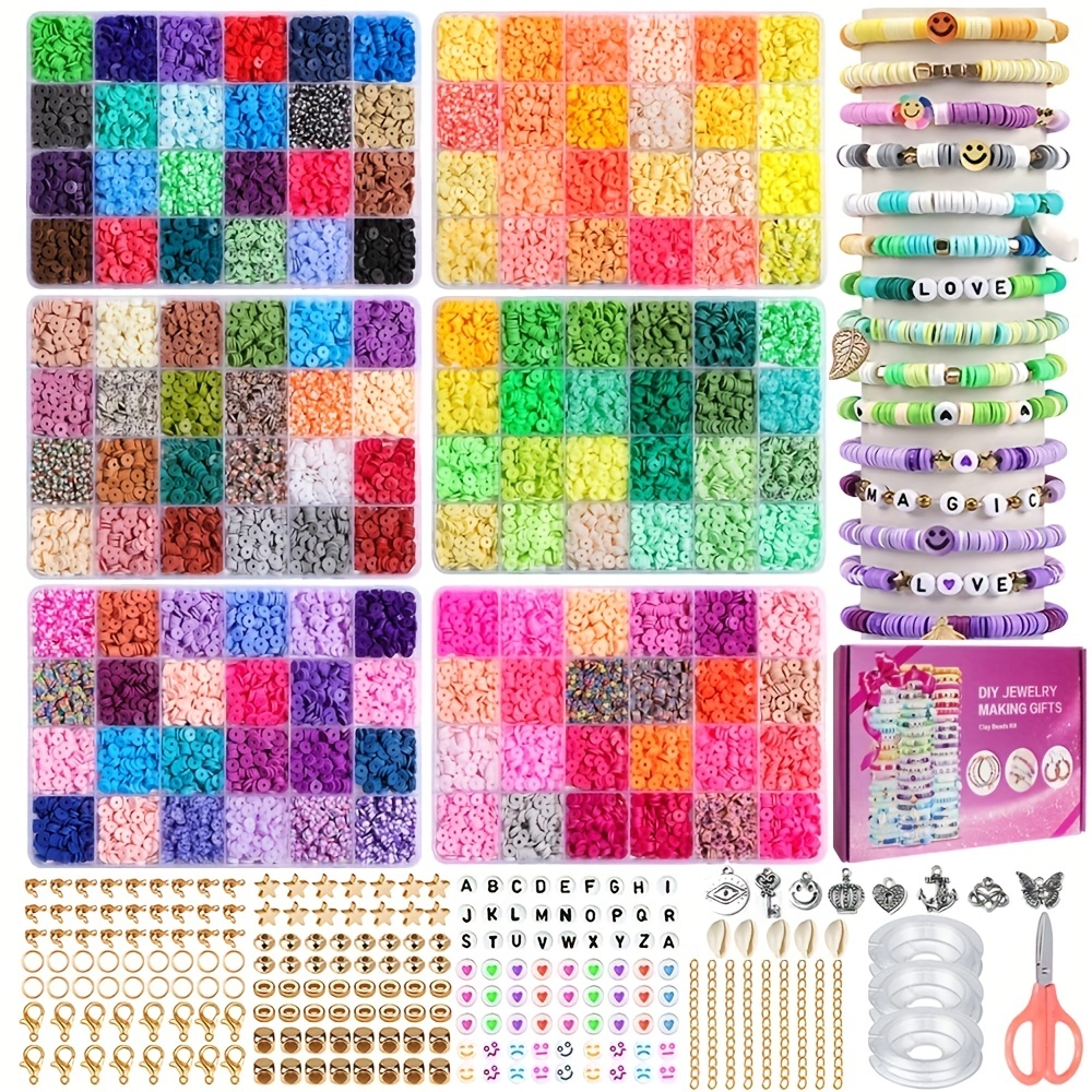 Quefe 5000pcs Clay Heishi Beads for Bracelet Jewelry Making, Polymer Flat  Round Clay Beads Kit with 240pcs Letter Beads, Pendant Charms and Elastic