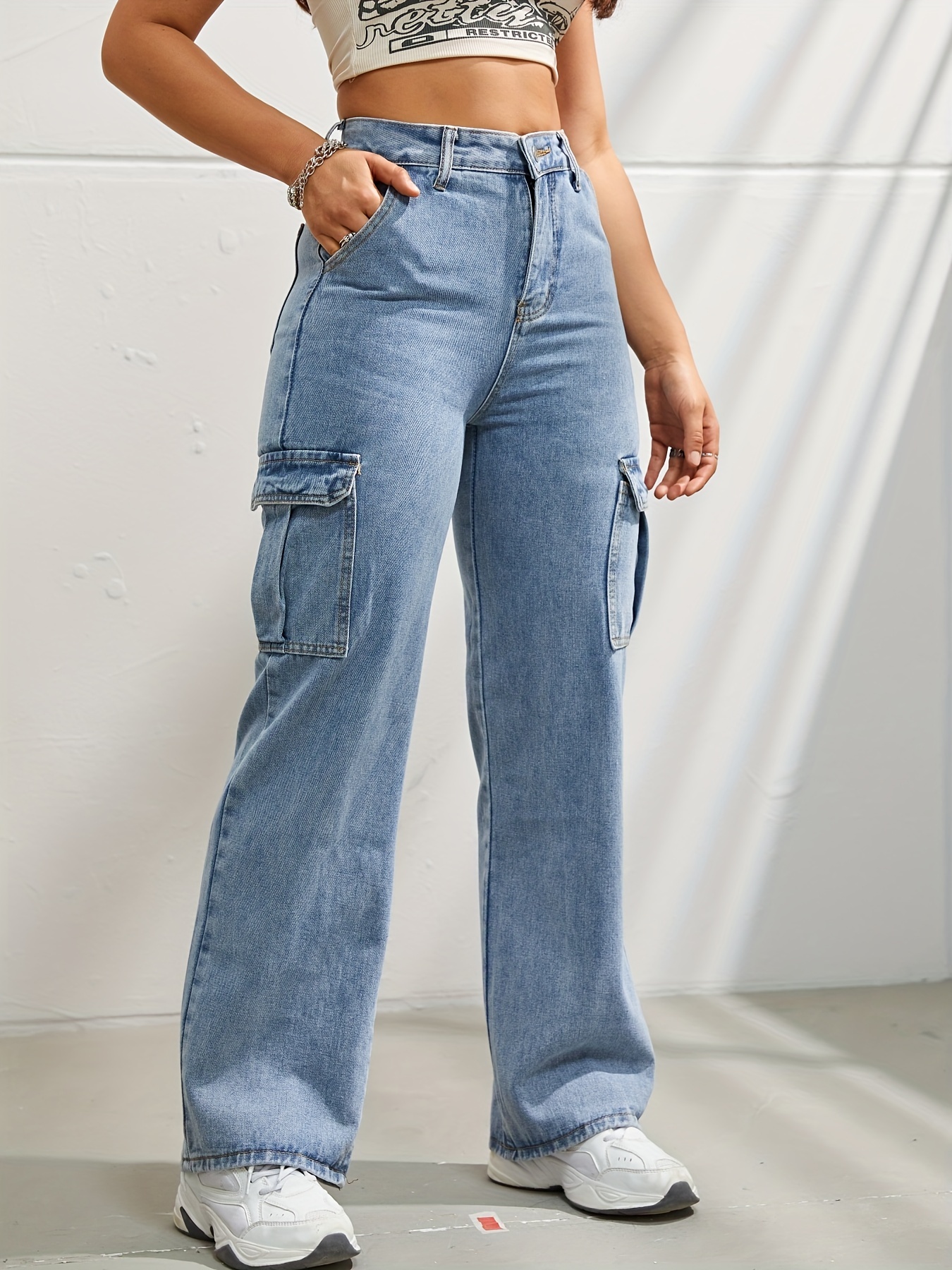 Side Flap Pocket High Waist Denim Cargo Pants Light Washed - Temu