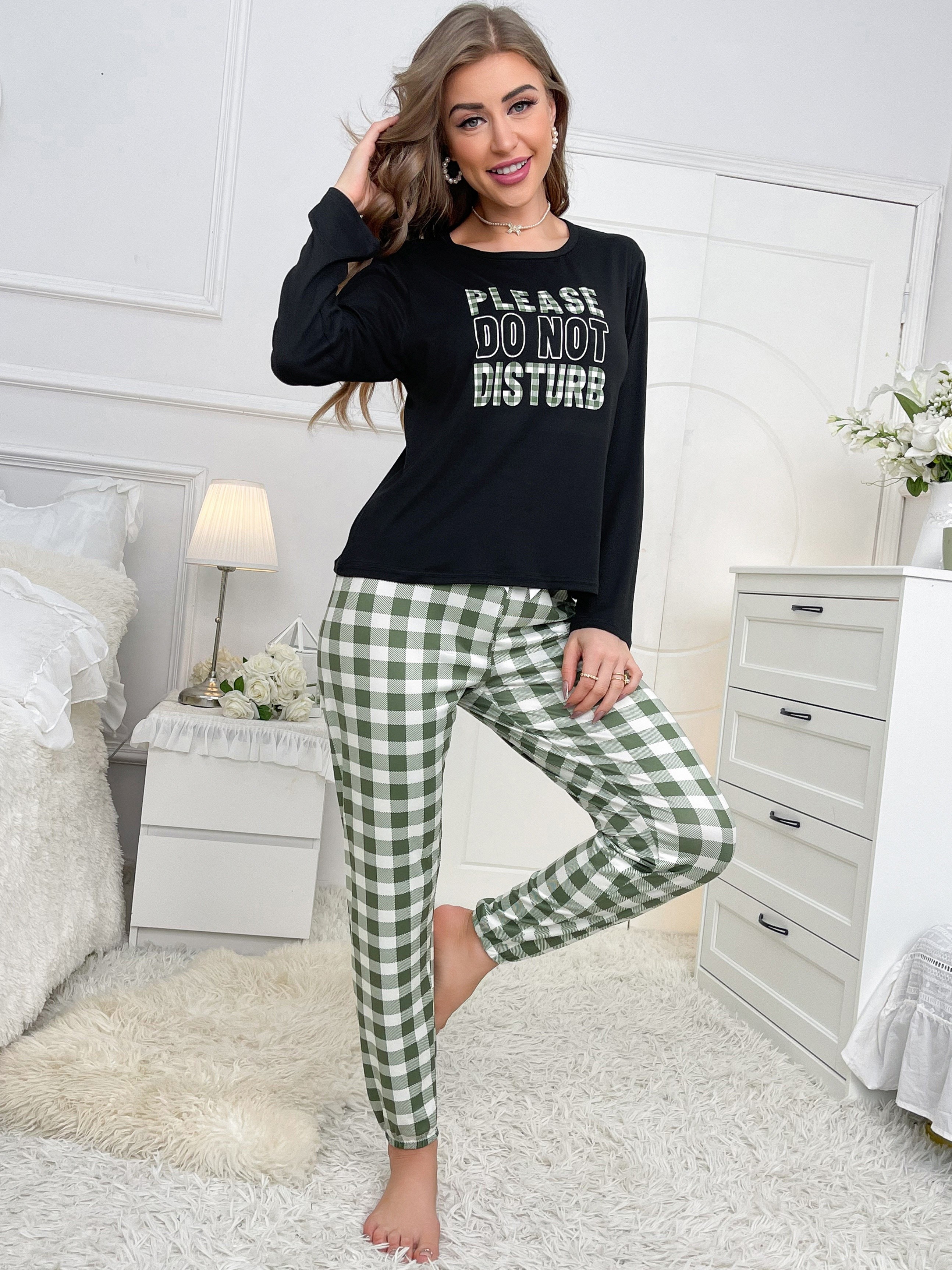 Letter Print Pajama Set, Long Sleeve Crew Neck Top & Plaid Pants, Women's  Sleepwear & Loungewear