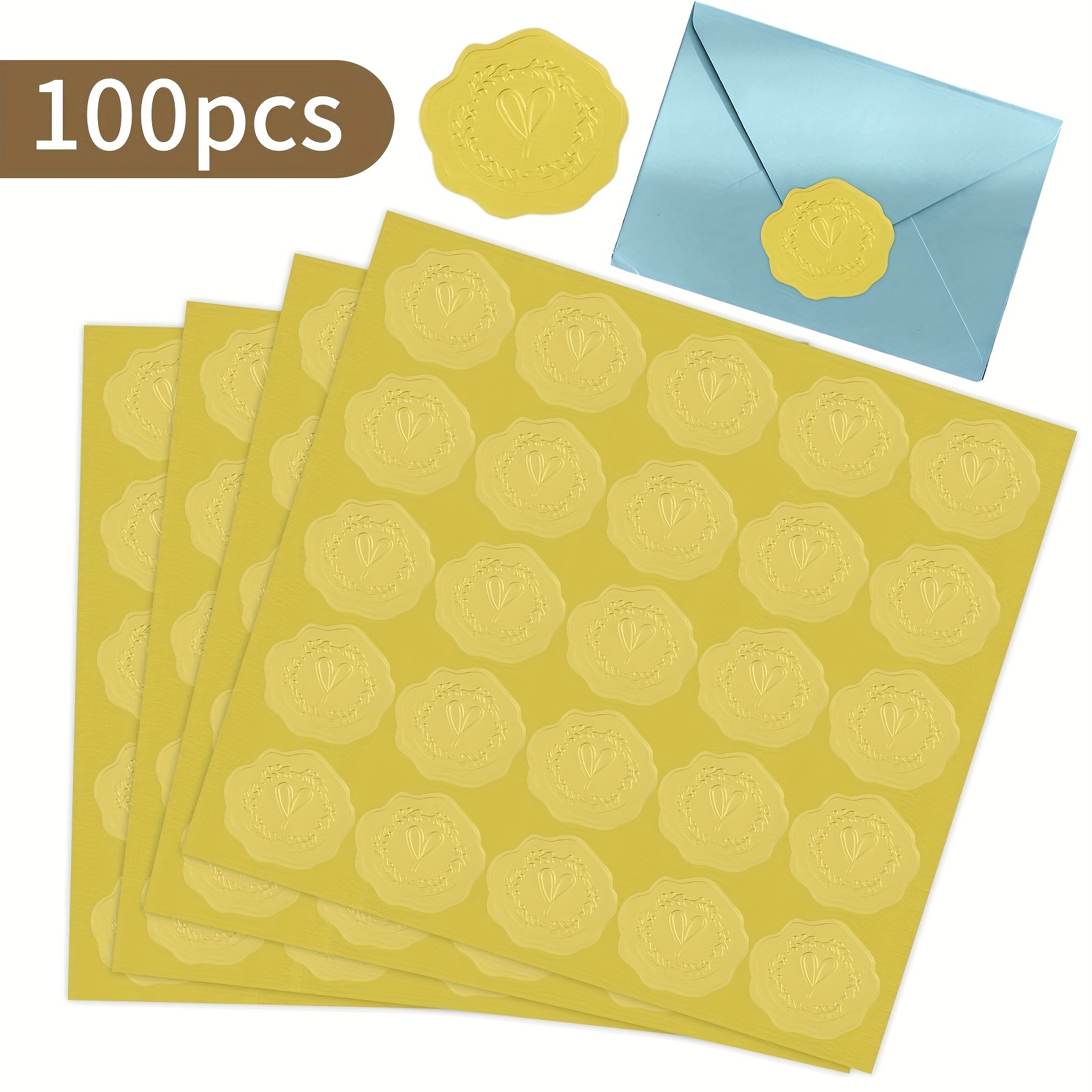 100pcs Gold Embossed Heart Envelope Seals Stickers For Wedding  Invitations,Party Favors,Greeting Cards,Gift Packaging .etc (Gold,  Self-Adhesive)
