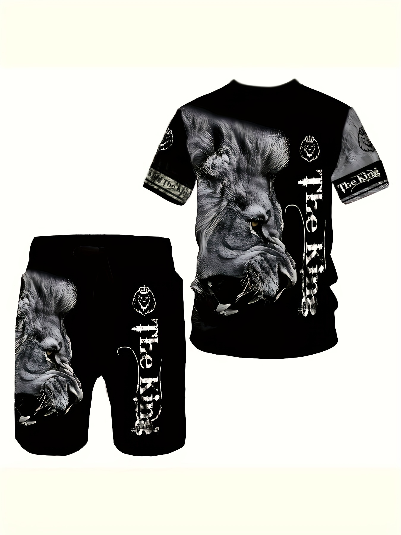 Plus Size Men's Fierce Lion Digital Print Crew Neck Shirt Shorts Set For  Summer - Temu