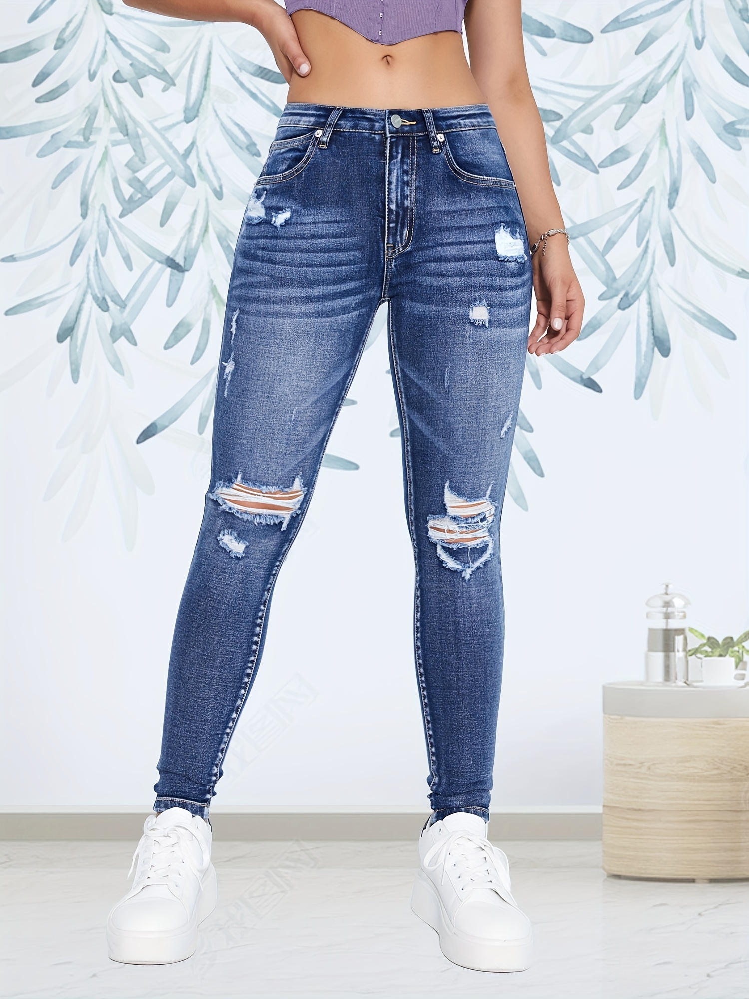 Ripped Holes Washed Skinny Jeans, Slim Fit High Stretch Distressed Tight  Jeans, Women's Denim Jeans & Clothing