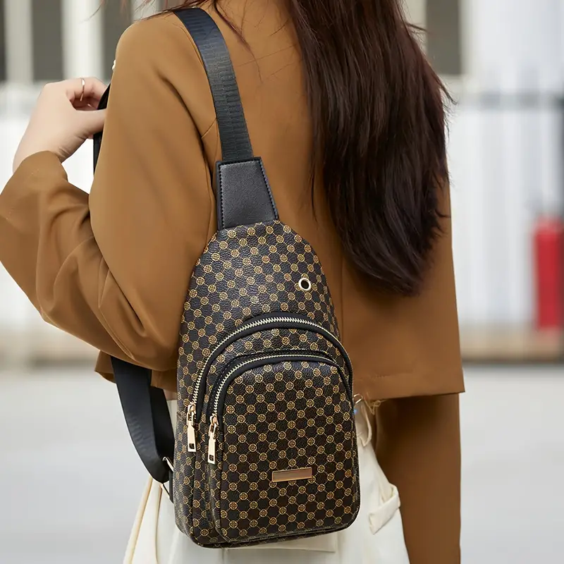Geometric Print Sling Bag, Trendy Pu Leather Chest Purse, Women's