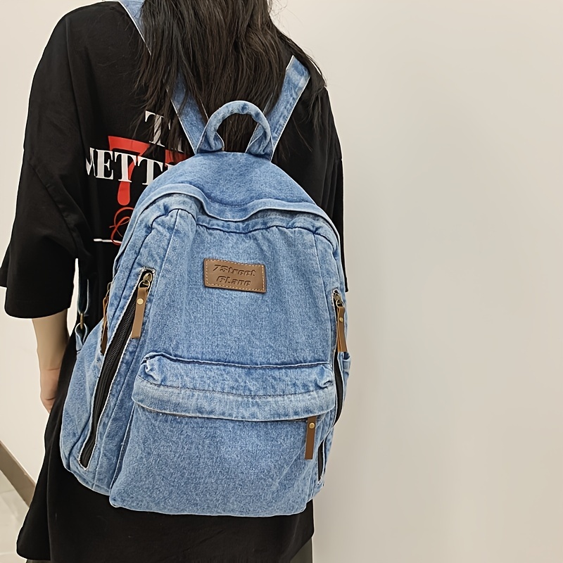 

Letter Patch Detail Backpack, Denim Design Zipper School Bag, Stylish Large Capacity Laptop Backpack For Work & Travel