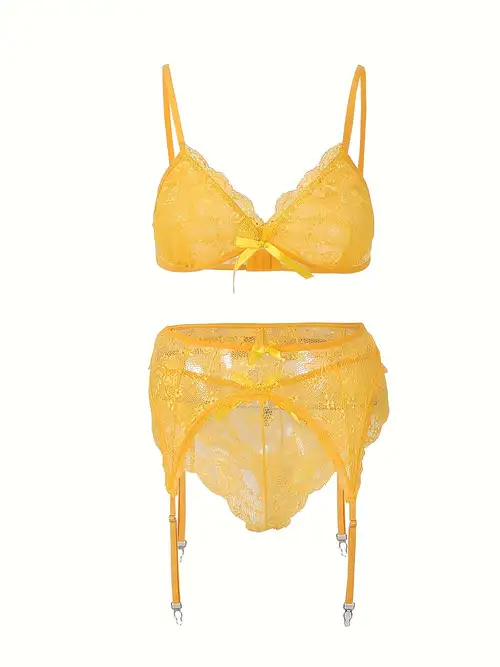Yellow Rustic Floral Bra, Garter, Thong with Leg Loops, Three