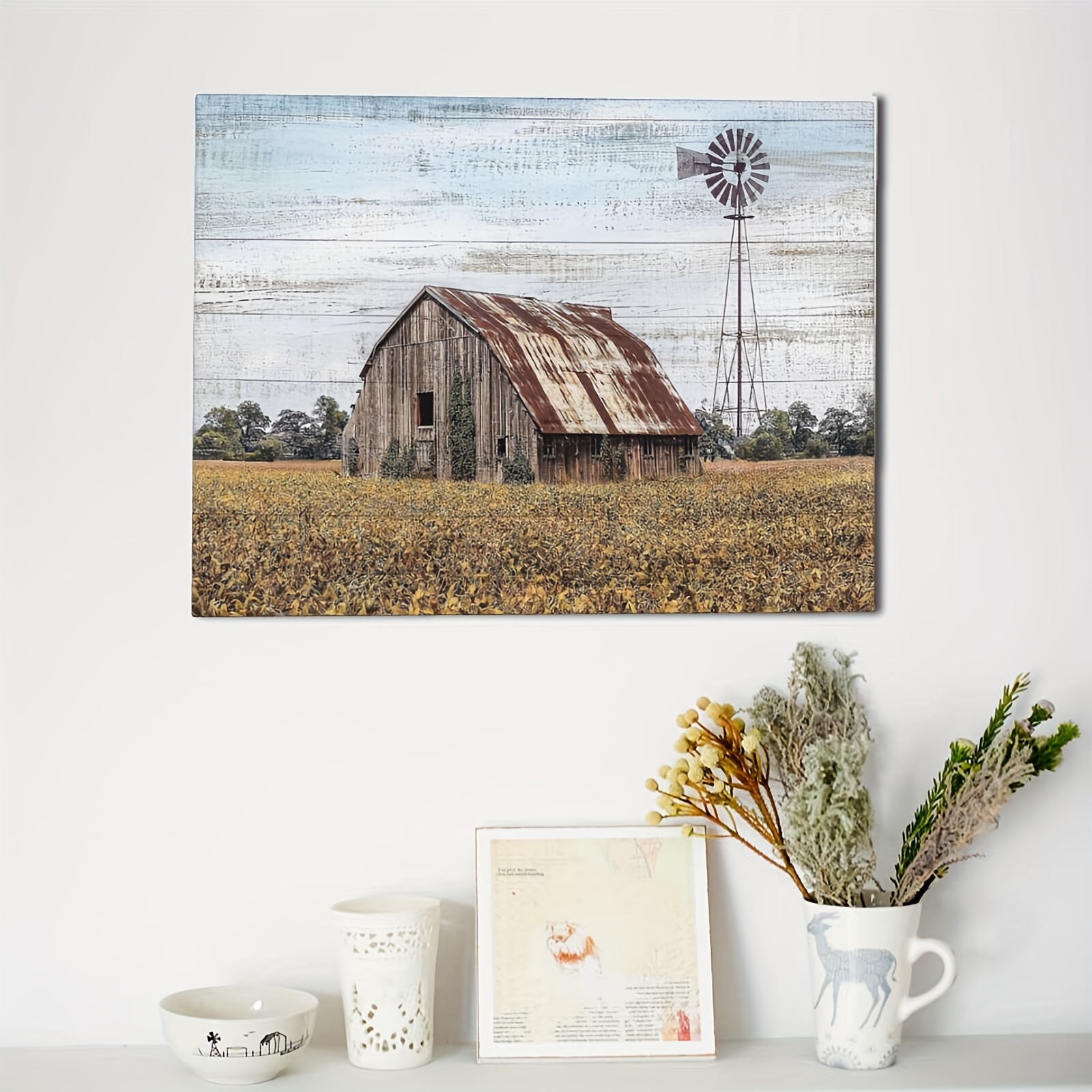 1pc Framed Rustic Canvas Print Poster Old Barn Windmill Canvas Wall Art Artwork Wall Painting