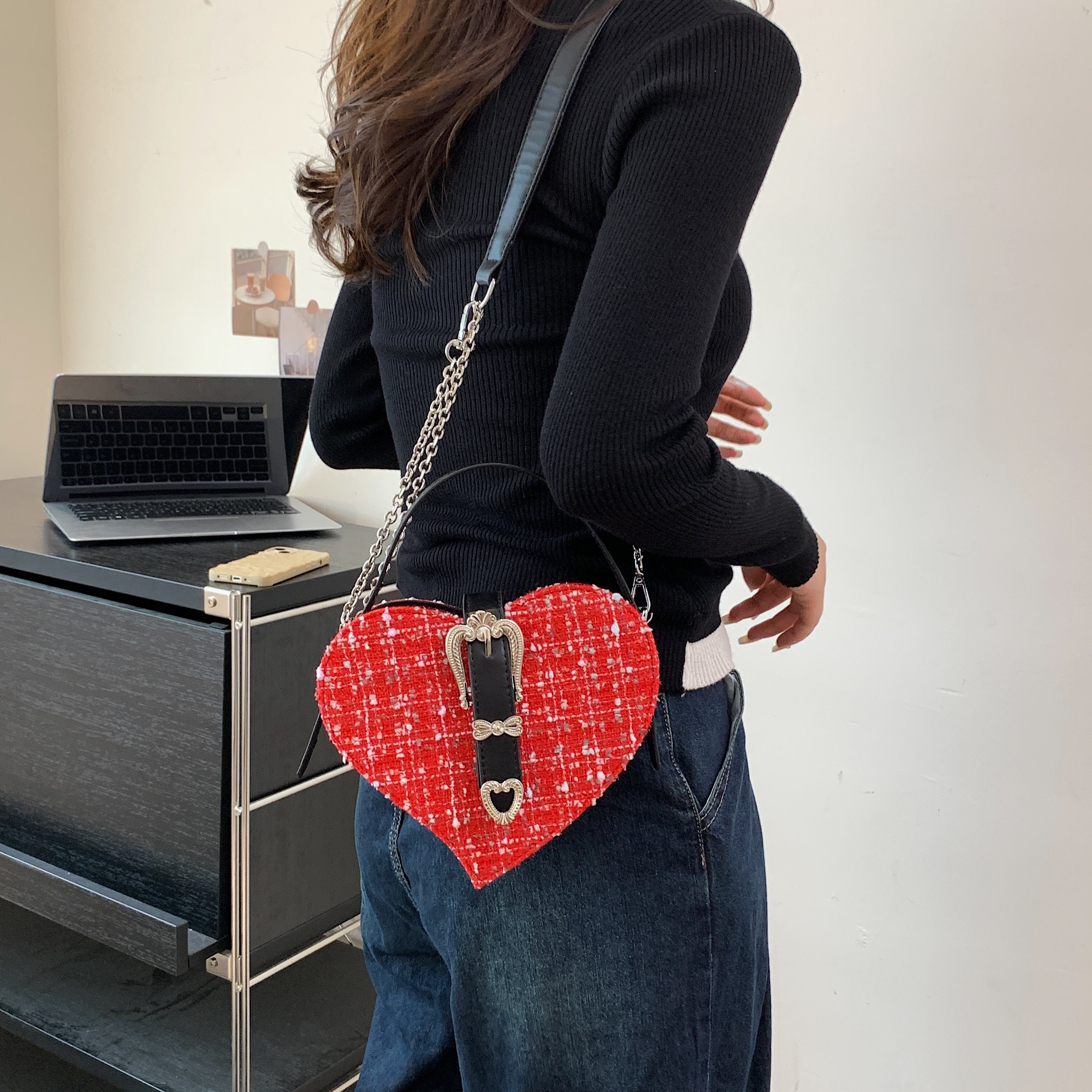 Cute Heart Shaped Texture Small Bag, Top Handle Fancy Tweed