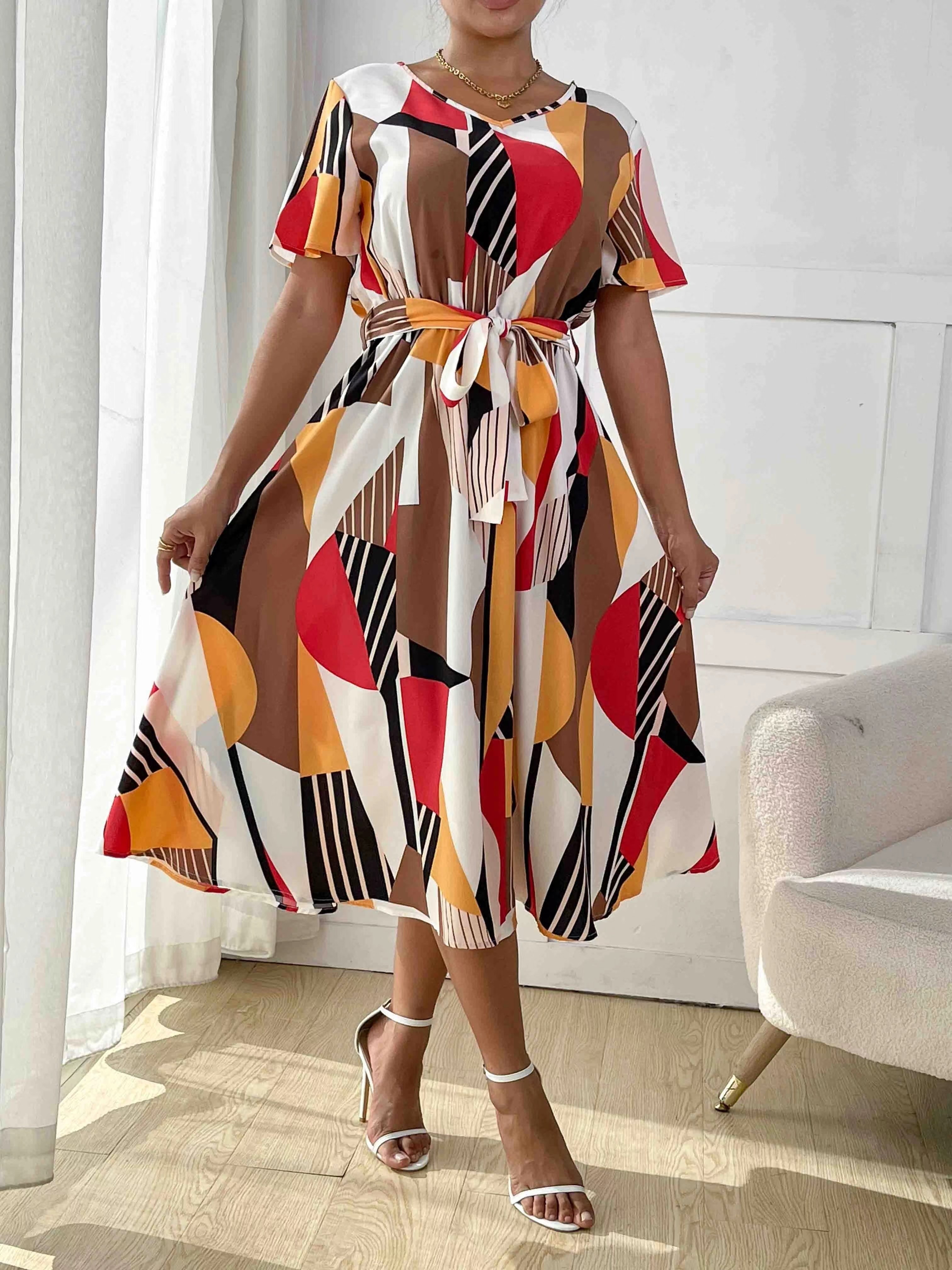 short sleeve v neck belted dress casual dress - Temu