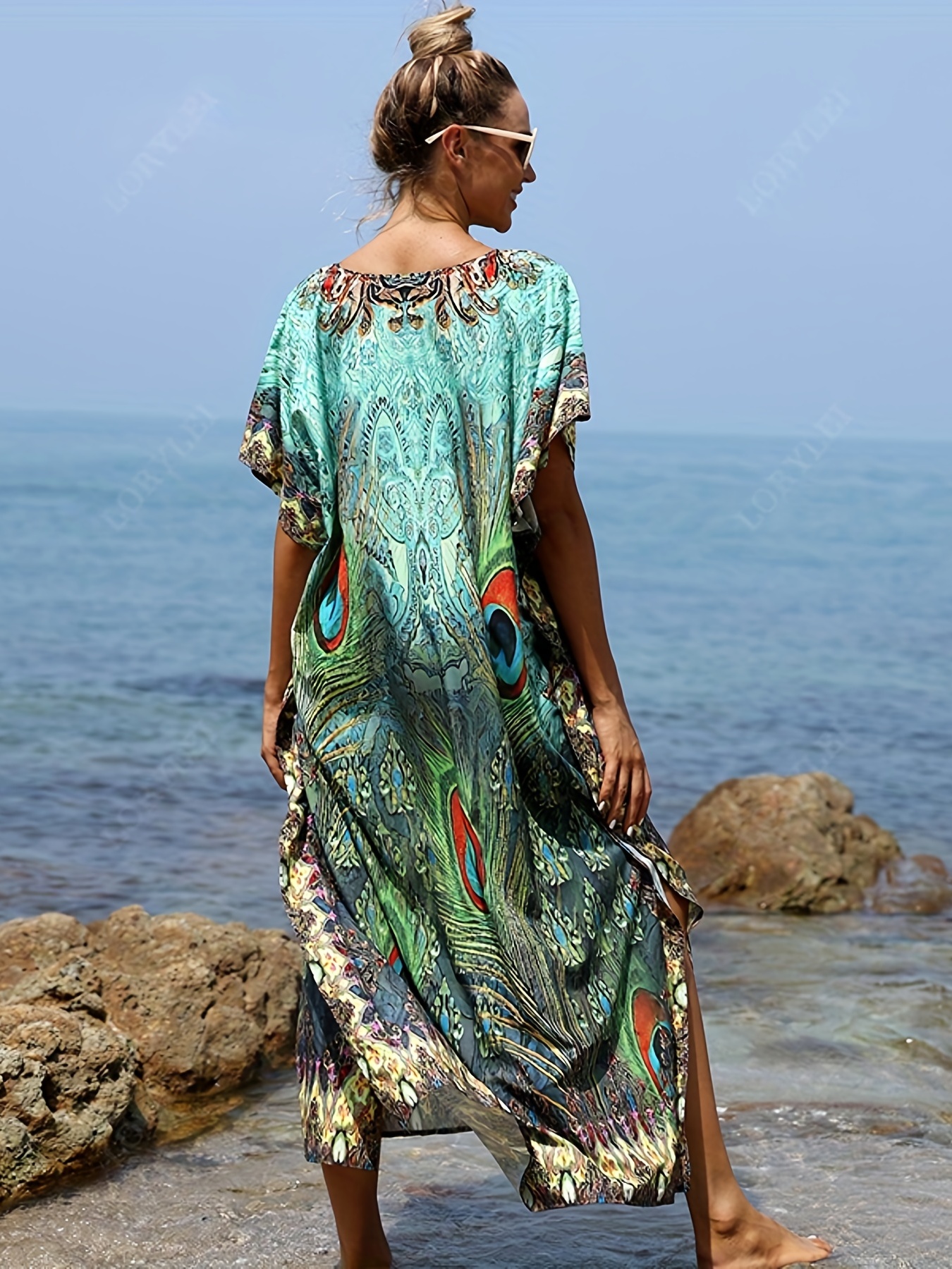 Temu Ethnic Print Loose Dress, Vacation Beach Wear V Neck Split Hem Maxi Dress, Long Dresses, Women's Clothing,Sundress, Summer Dress,SUN/UV Protection