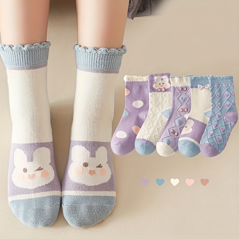 

5 Pairs Girl's Polka Dot Rabbit Cute Pattern Socks, Breathable Comfy Crew Socks, Children's Trendy Summer Spring Socks