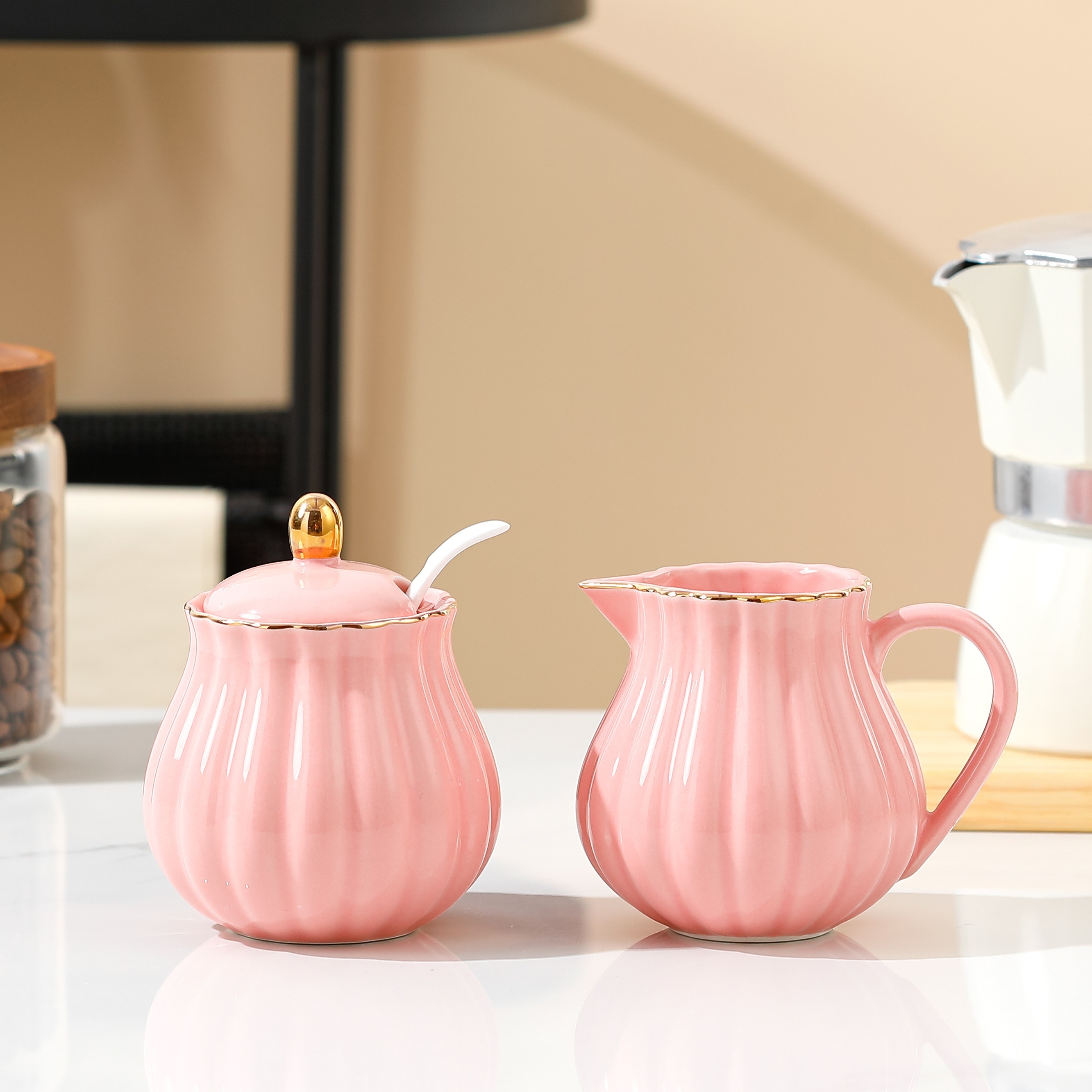 Juego de crema y azúcar con tapas de porcelana vintage floral azucarero y  crema en cerámica beige para el hogar y la cocina, comedor, color rosa