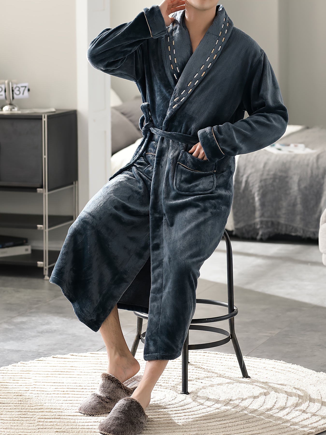  XFYJR Albornoz para hombre de invierno cálido y grueso alargado  de felpa bata de baño Kimono ropa de casa de manga larga pijama (color: BU,  tamaño: 5XL) : Ropa, Zapatos y