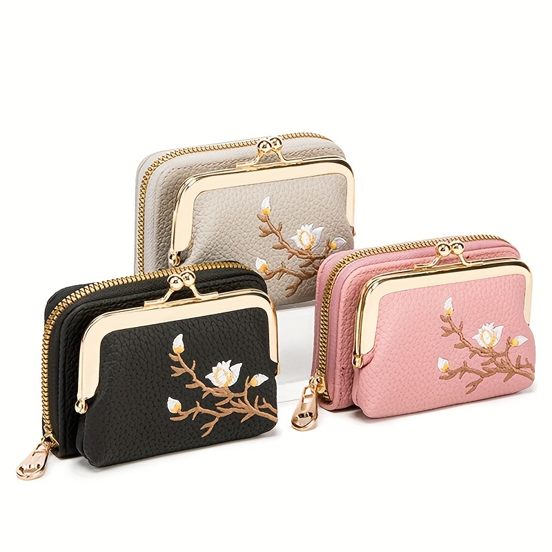 

Flower Embroidery Coin Purse, Fashion Kiss Lock Wallet, Mini Pu Leather Card Holder