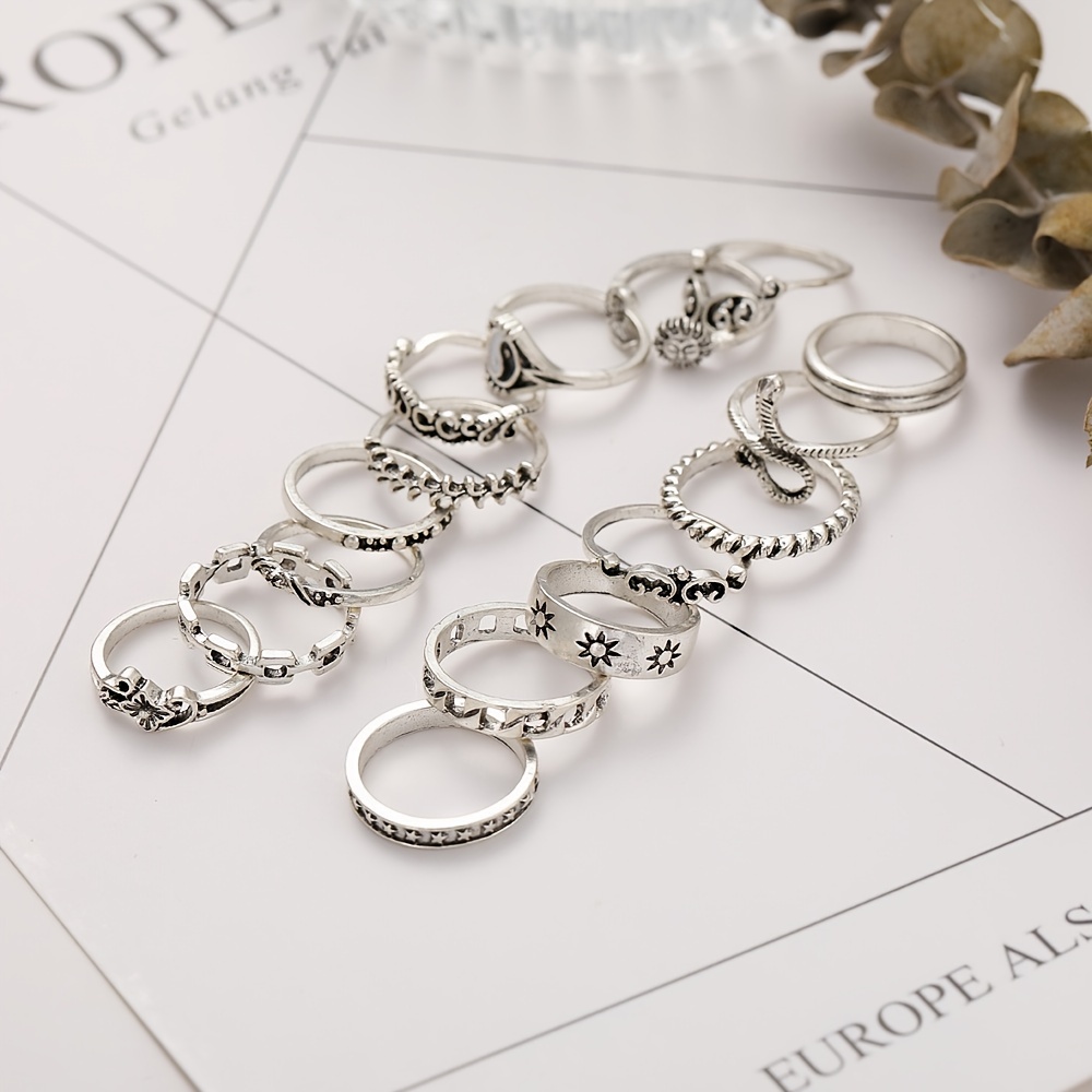 16pc Vintage Stackable Sun Moon Snake Leaf Ring Set
