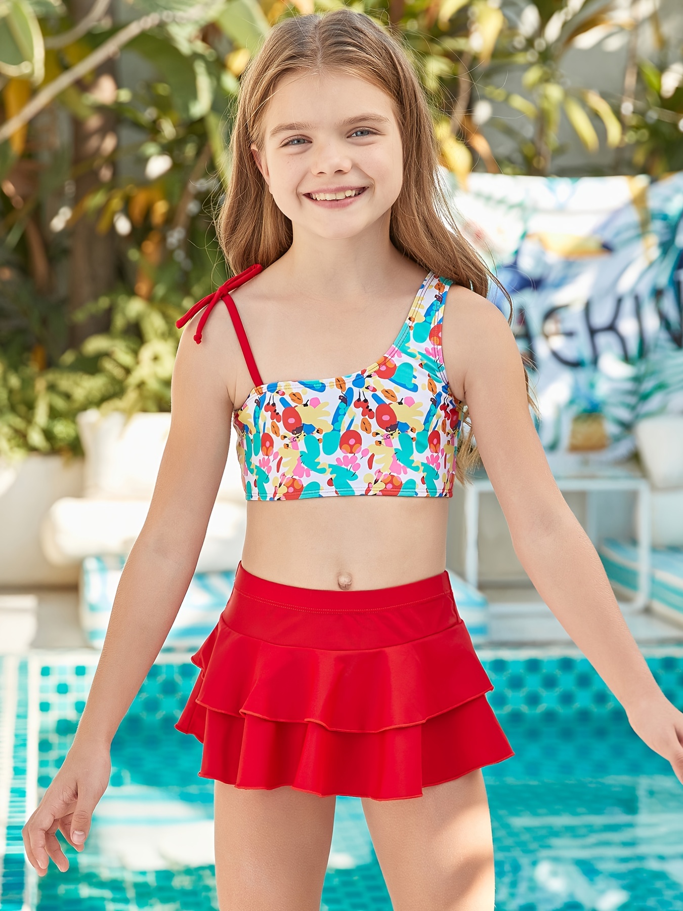 2pcs Toddler Girls Bikini Tankini Swimsuit Fish Scale Graphic Ruffle Trim  Cami Top & Triangle Swim Bottoms Set Kids Summer Beach Clothes Bathing Suits