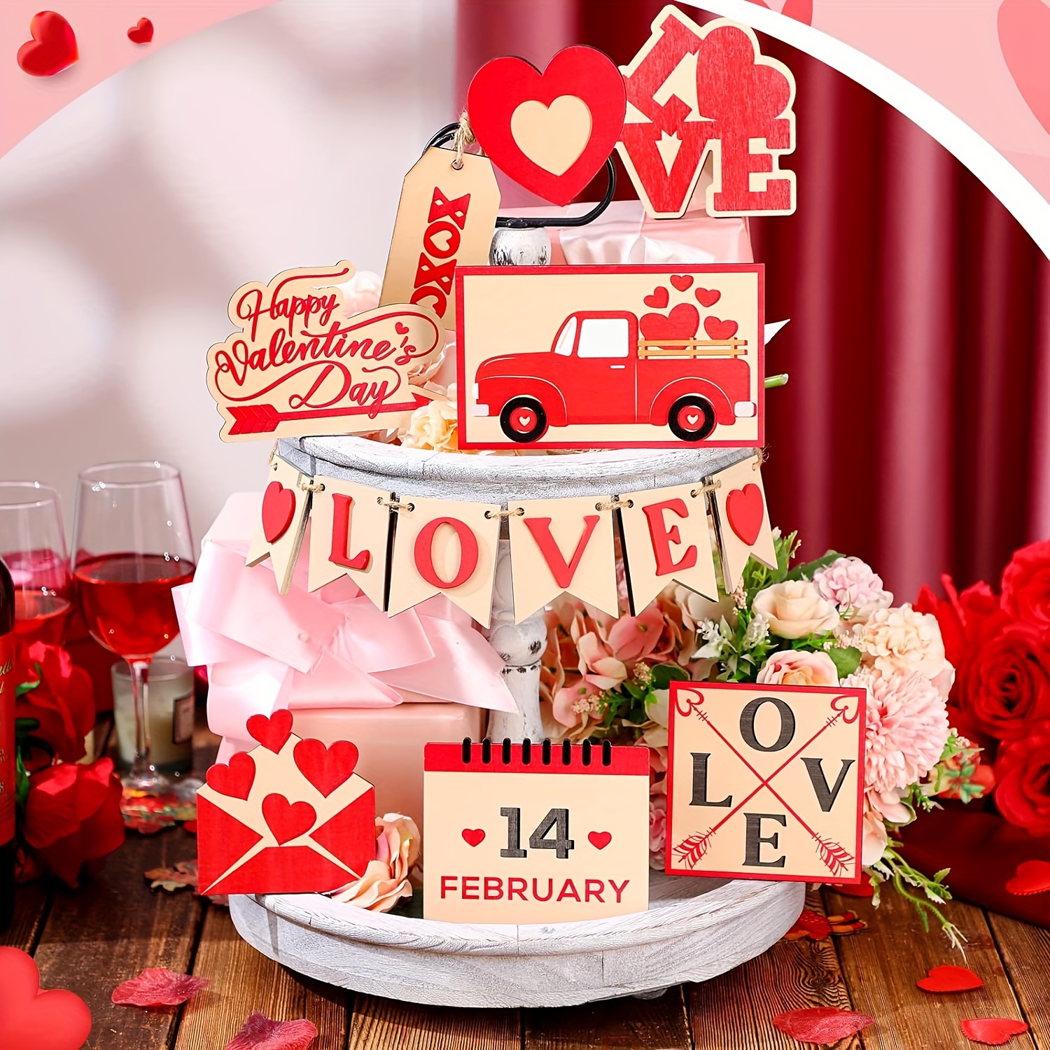 14Pcs Valentine's Day Tiered Tray Decor Set Wood Valentine's Day Table Decor  Farmhouse Valentines Decoration Valentine Love Sign Heart Wooden Tabletop  Signs for Valentines Day Gift Wedding Home Table 