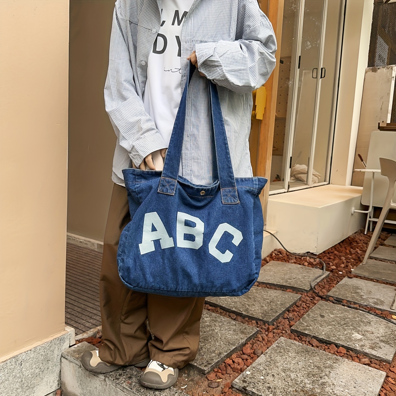 Abc Letter Print Denim Tote Bag Trendy Large Capacity - Temu Canada