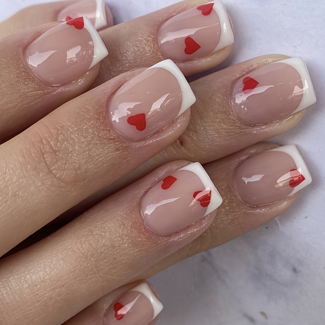 24pcs set glossy red love press on nails short square ballerina on nails white french fake nails glossy full cover false nails acrylic stick on nails for women girls details 0