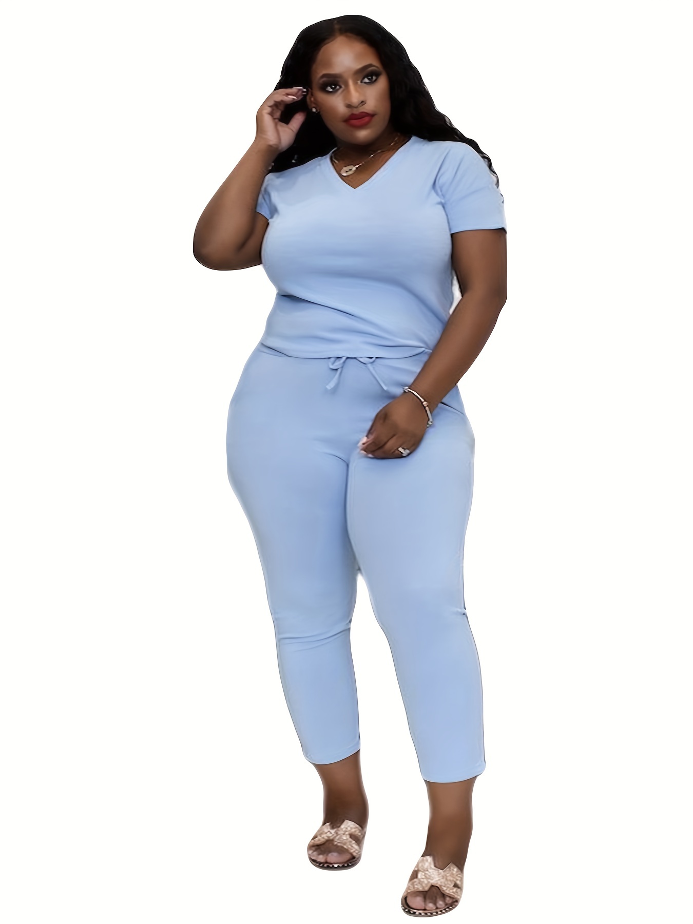 Plus Size Casual Outfits Set Women's Plus Solid Short Sleeve - Temu