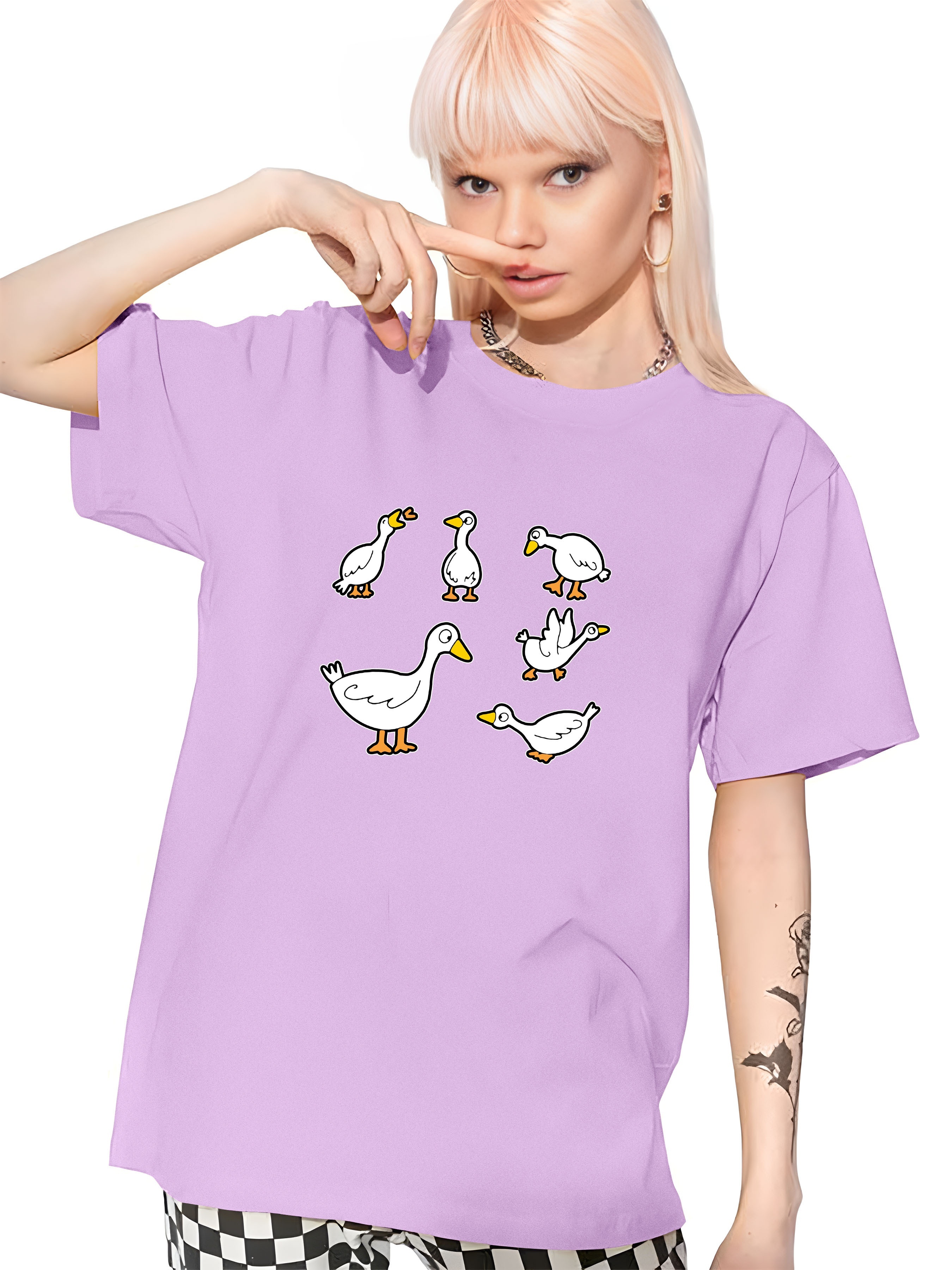 Cartoon Duck Pattern Casual T-shirt, Short Sleeves Round Neck Cute Sporty  Top, Women's Activewear - Temu