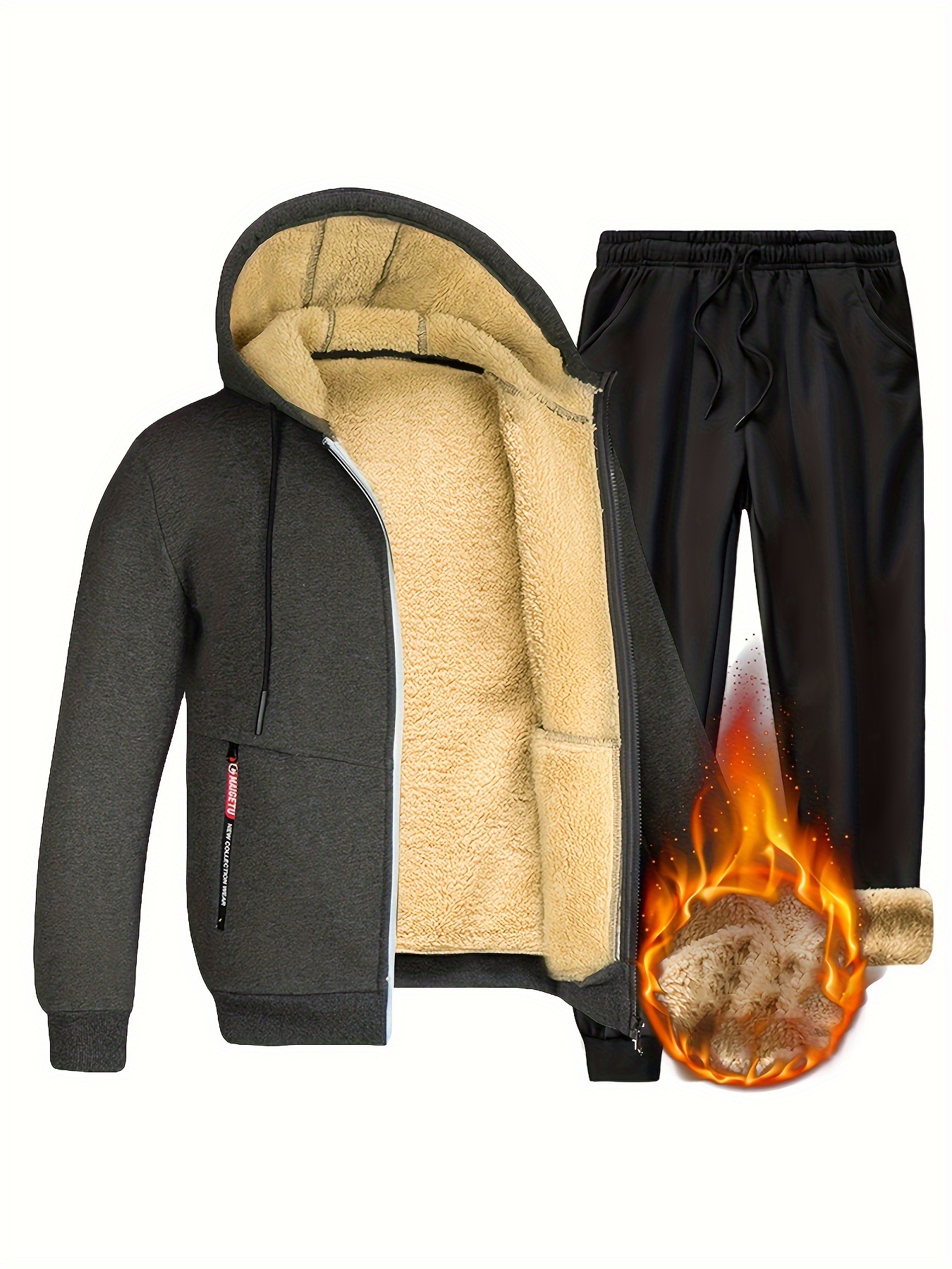 Buy Men's Winter Fleece Lined Hoodies Sweat Suit Thicken Tracksuit Set Coat  + Pants Sport Set at