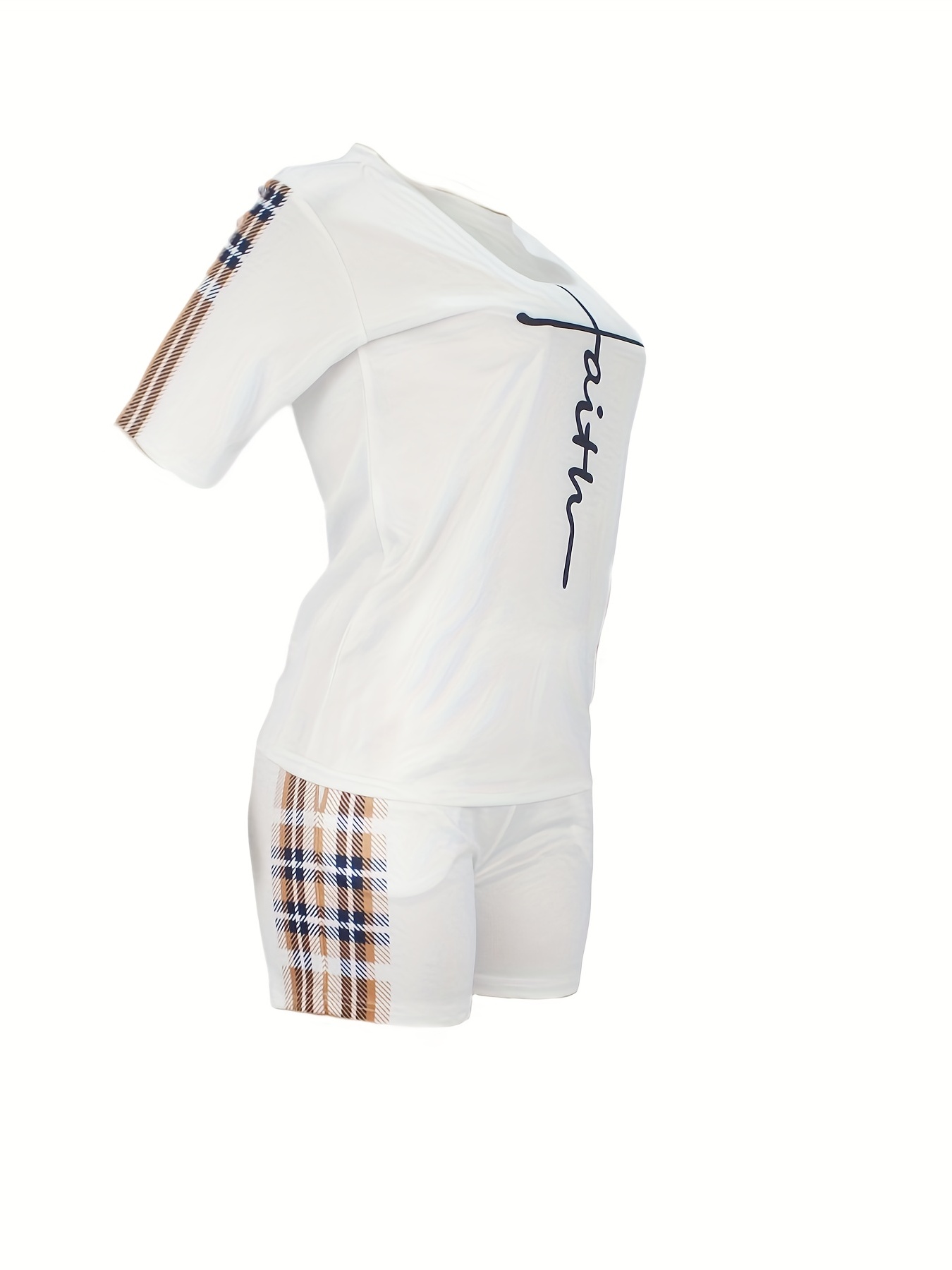 Plaid Two-piece Set Faith Print Tops & Workout Shorts Outfits