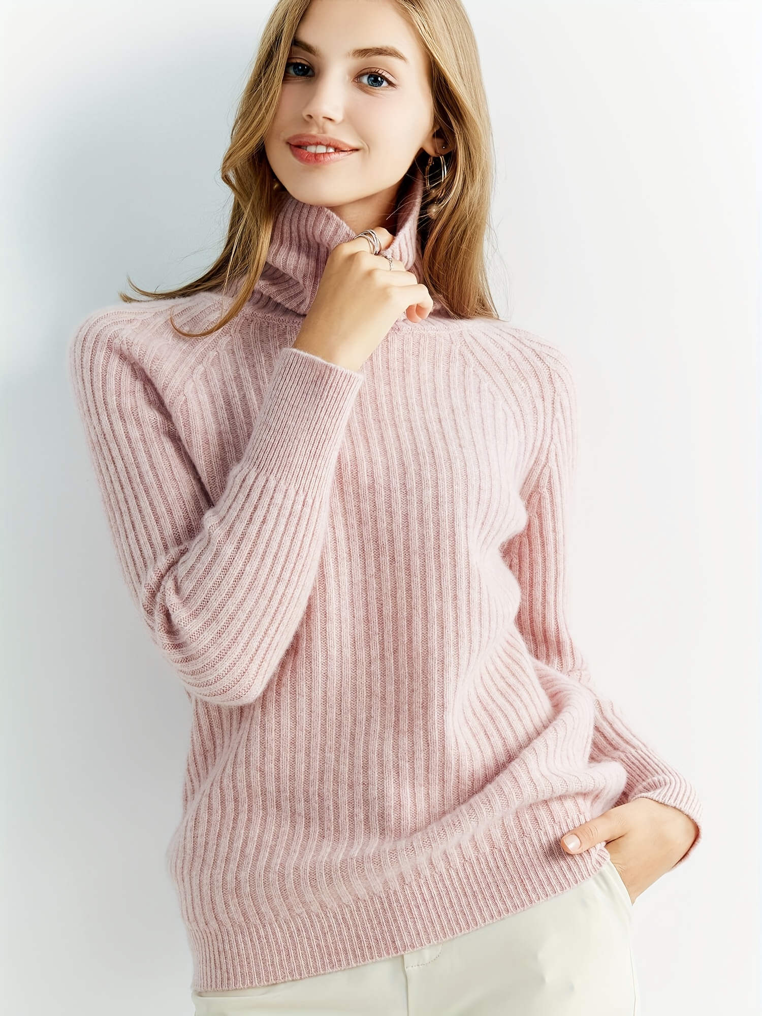 Pink Merino Wool Turtle Neck Sweater