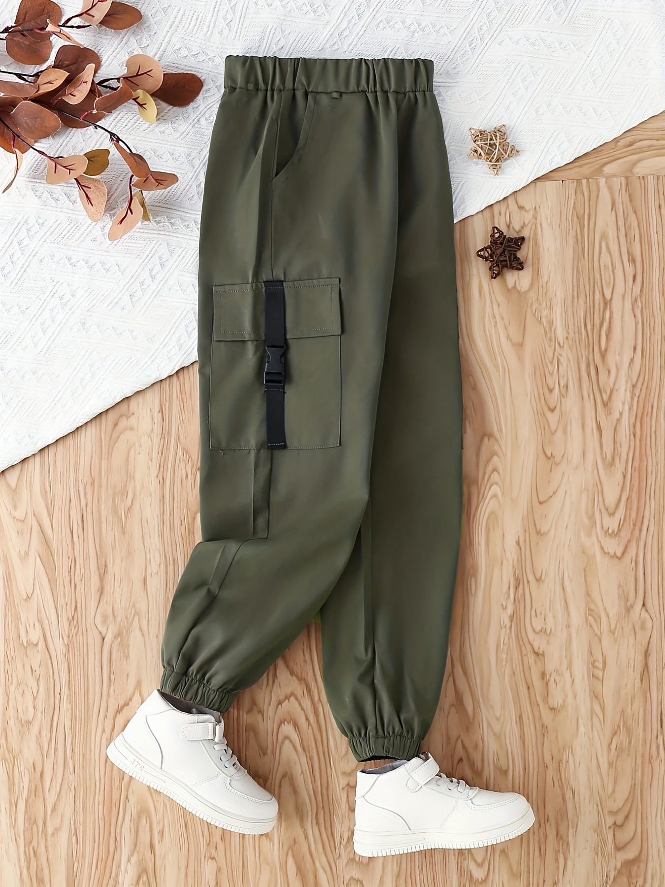 Girls Khaki Color Cargo Pants Functional Pockets Elastic - Temu