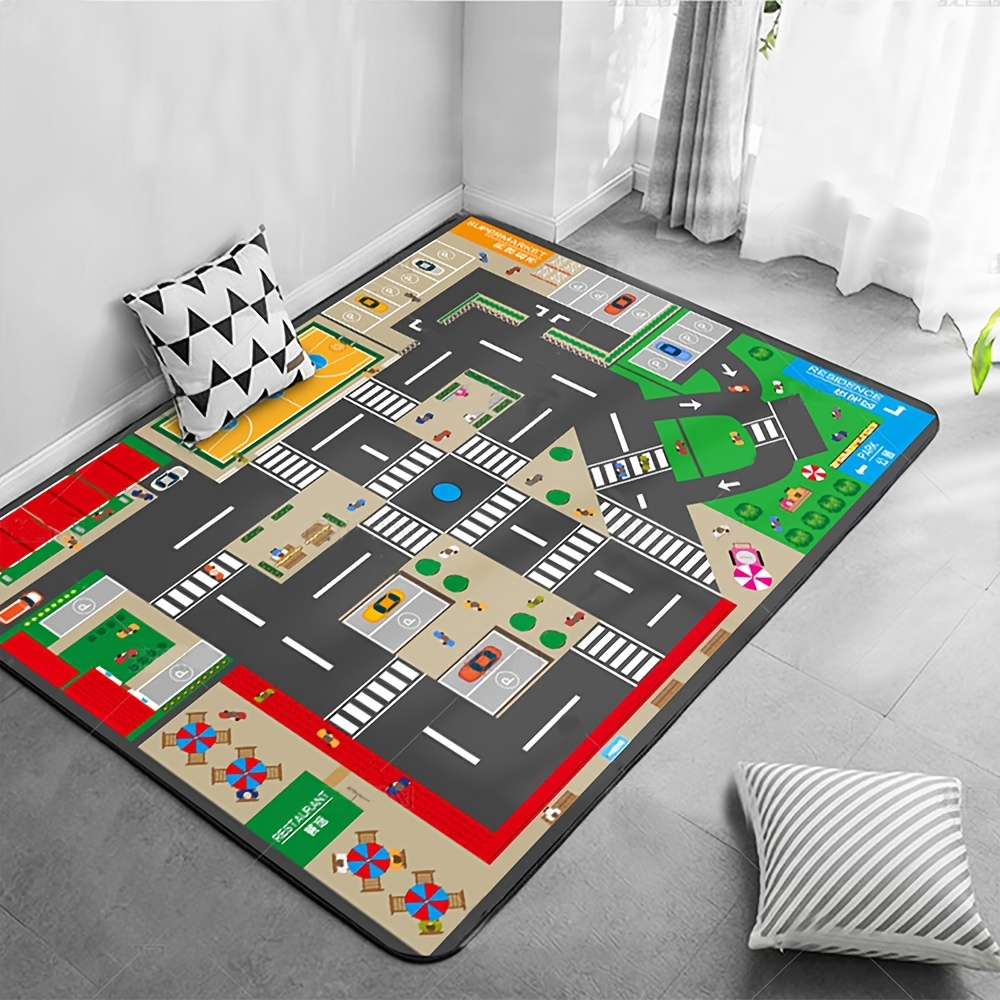 Kids Cartoon Play Rug – Machine Washable City Traffic Bedroom Carpet