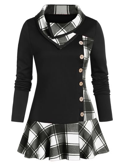 Plus Size Overlapping Lapel Long Sleeve Single Breasted Plaid Patchwork Tops, Women's Plus Medium Stretch Casual Tops