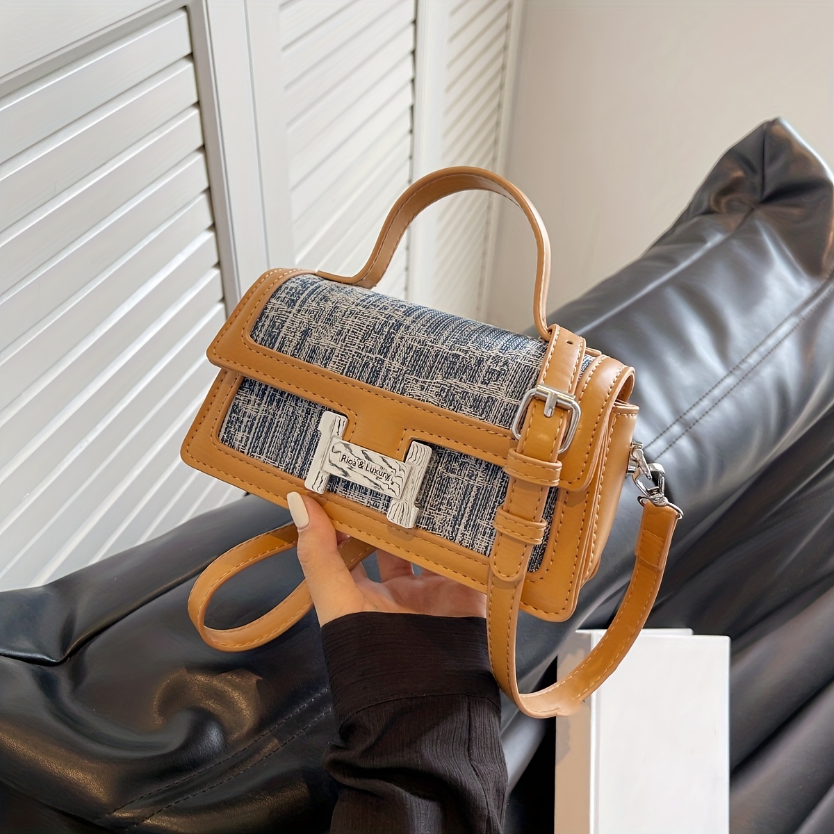 Mini Stitching Satchel Crossbody Bag PU Leather Textured Bag Purse