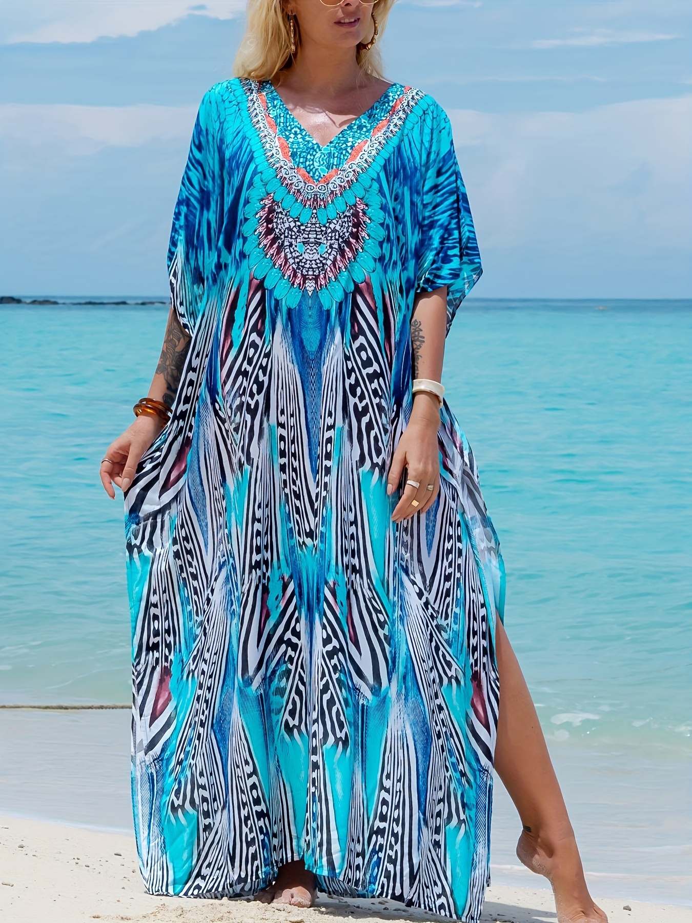 Boho Crochet Cold Shoulder Dress Loose V neck Beach Holiday - Temu