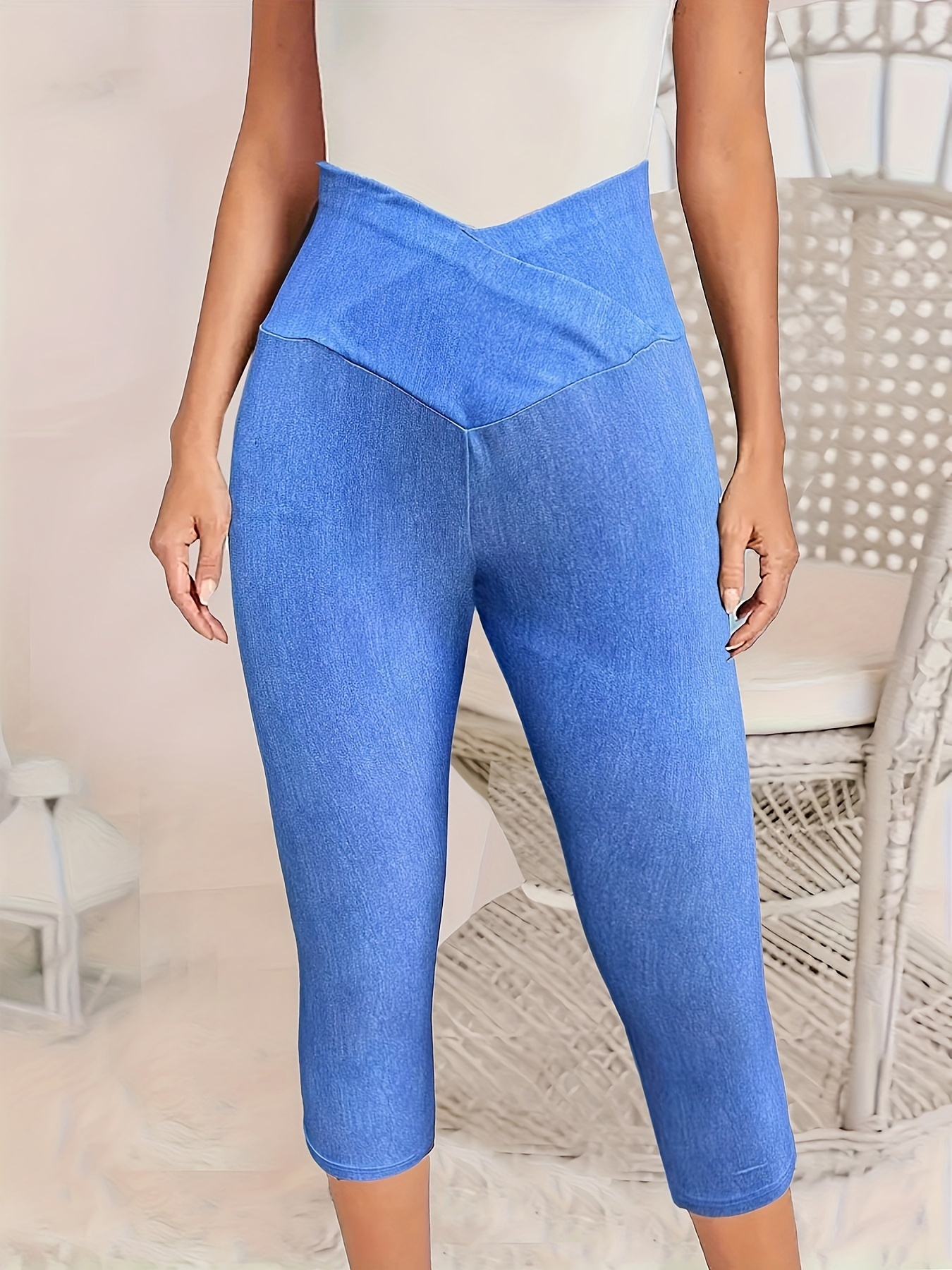 Solid Pocket Skinny Crop Leggings Casual High Waist Stretchy - Temu Canada