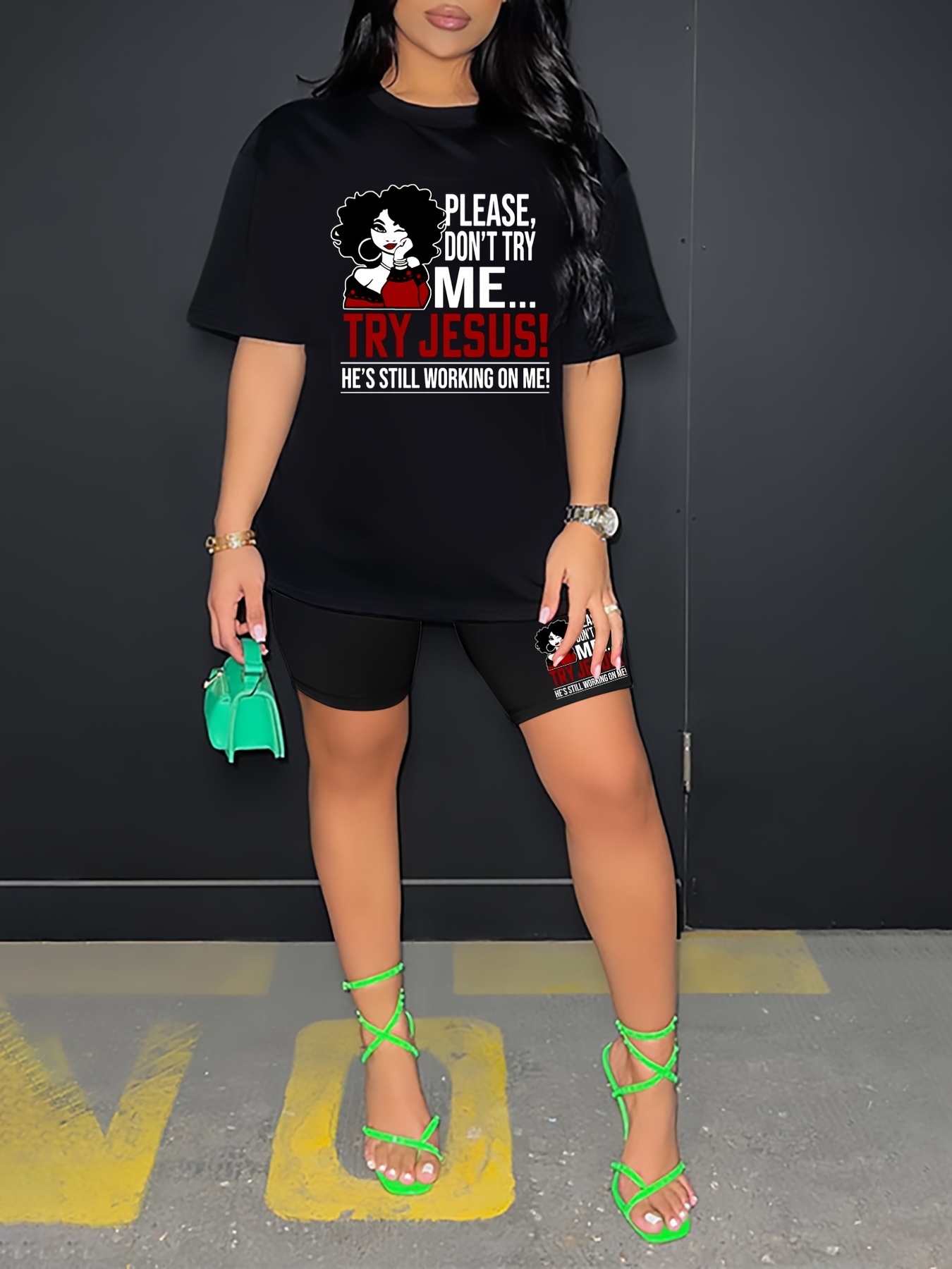 Plus Size Letter Print Short Sleeve Tee & selling Biker Shorts Set