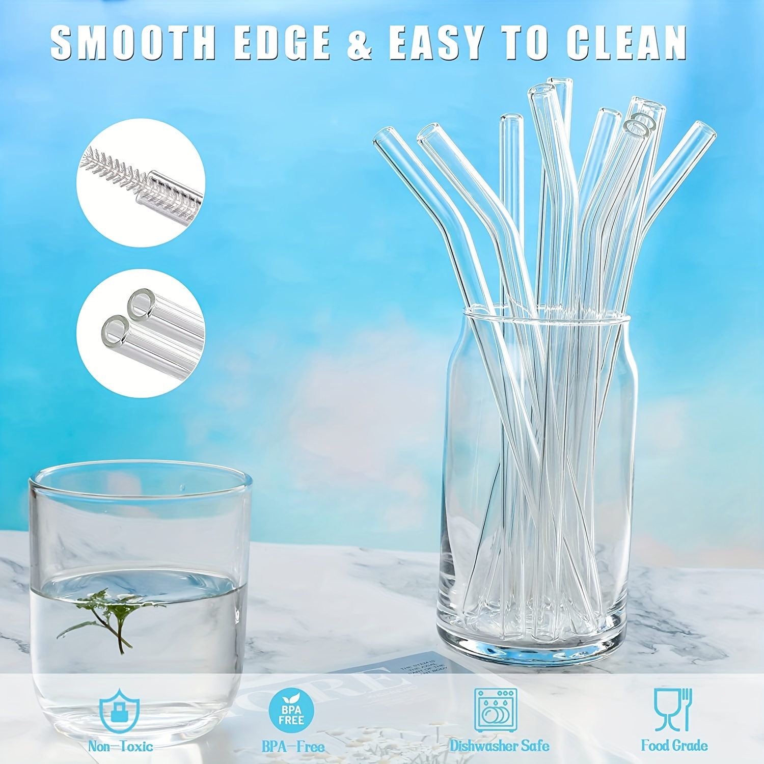 Acheter Pailles en verre droites réutilisables, transparentes, de