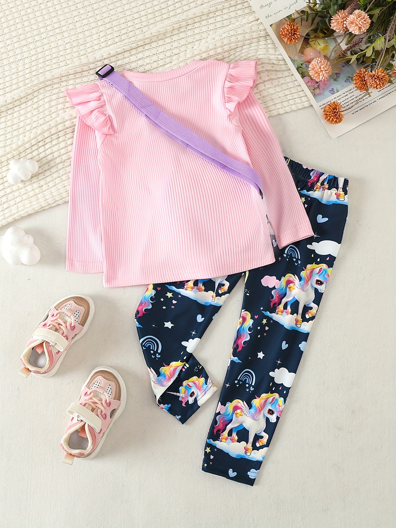 Trendy Girls 3pcs, Unicorn Print Ruffle Trim Top & Splicing Jogger Pants &  Rainbow Unicorn Bag Set Kids Clothes For Gift, Party, Birthday