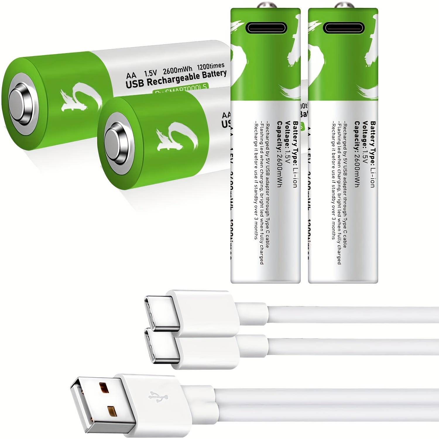 

2/4pcs Rechargeable Aa Batteries With Usb Type C Charger - 1.5v Constant Output 1.5hz, 2600mwh (≈1300mah)