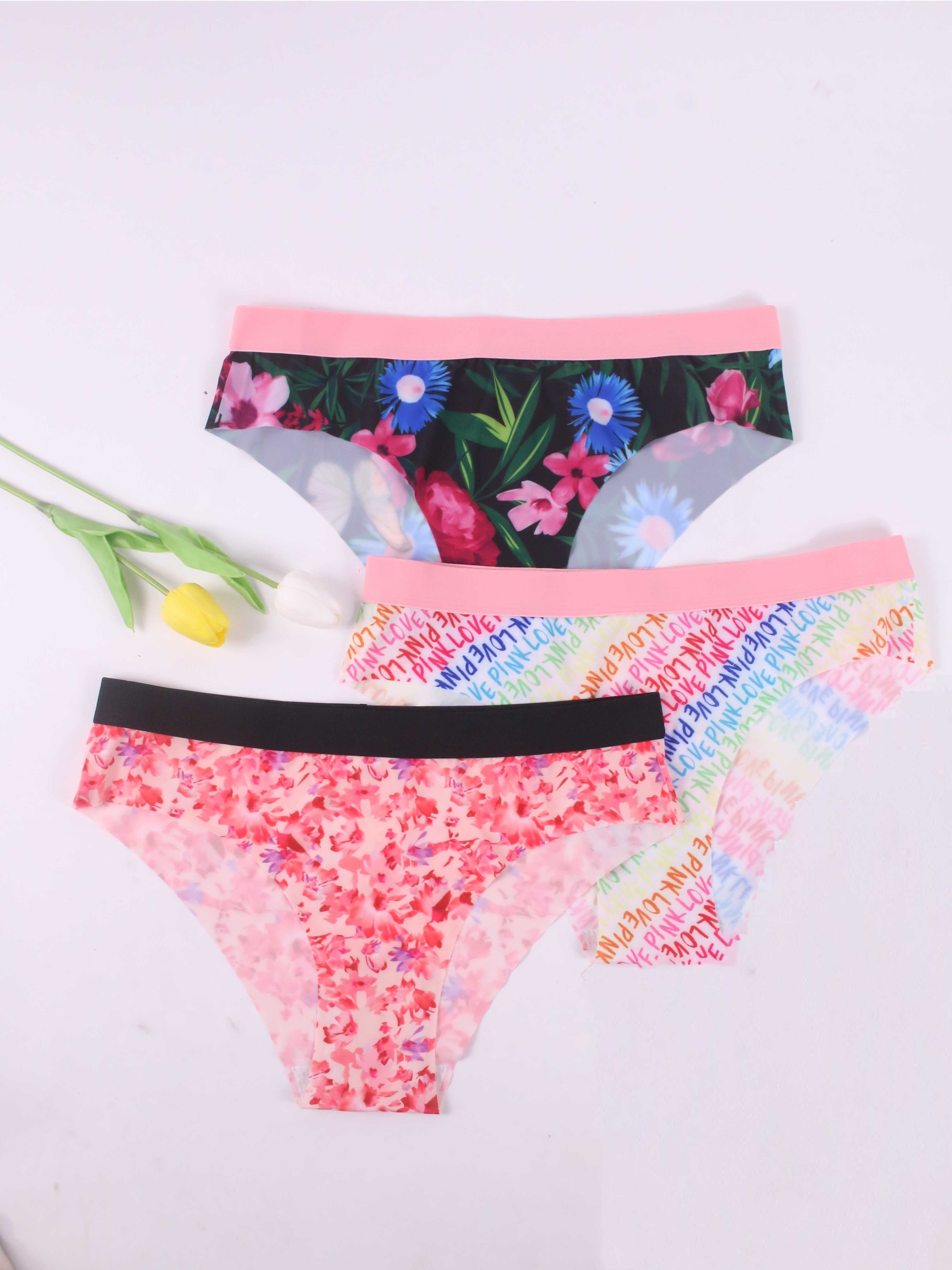 3 Pack Plus Size Cute Panties Set, Women's Plus Rainbow & Heart & Daisy  Print Contrast Lace Trim Low Waisted Bikini Panties 3pcs Set