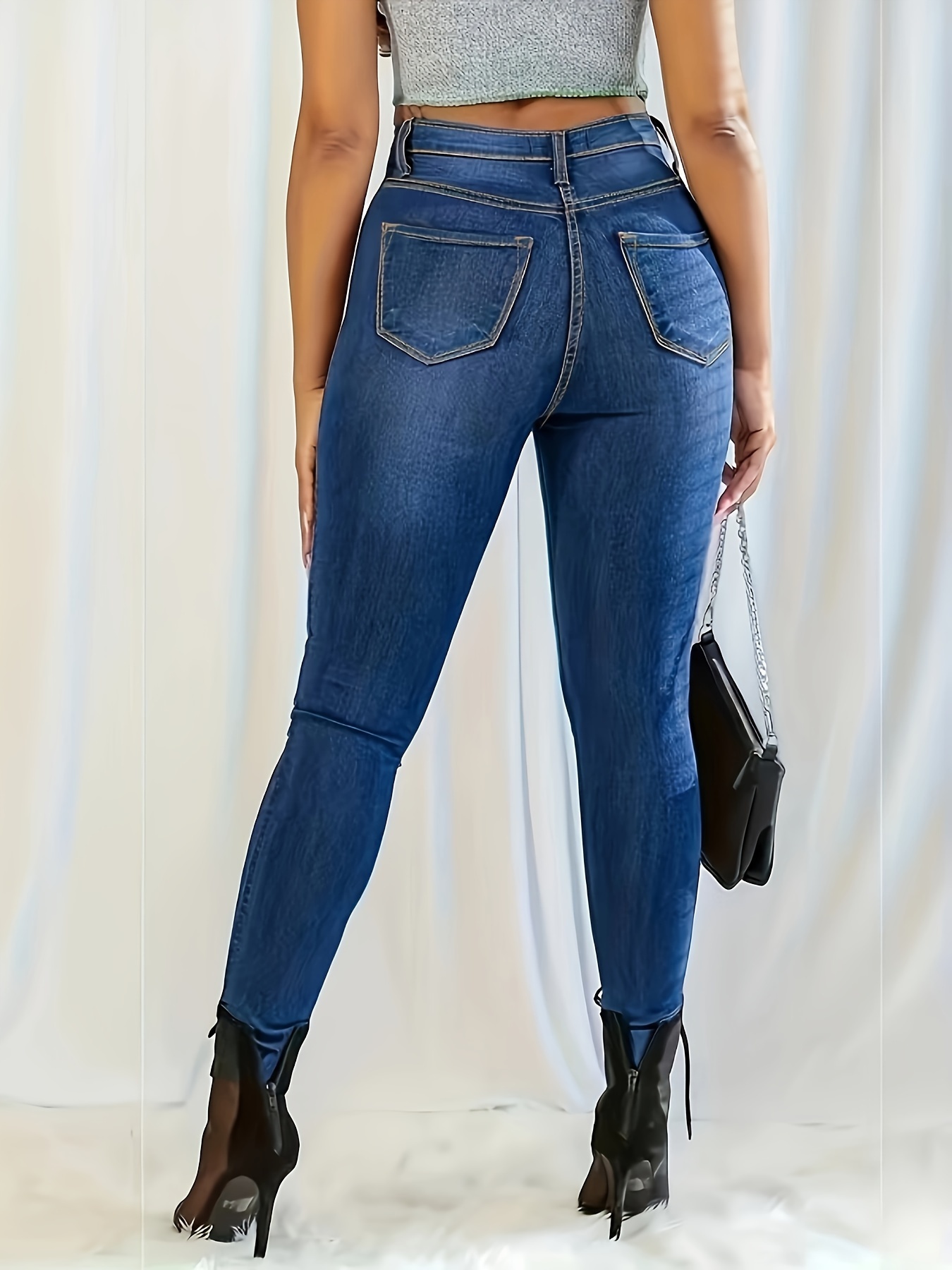 Plus Size Sexy Jeans, Women's Plus Solid Button Up High * High Stretch  Skinny Jeans