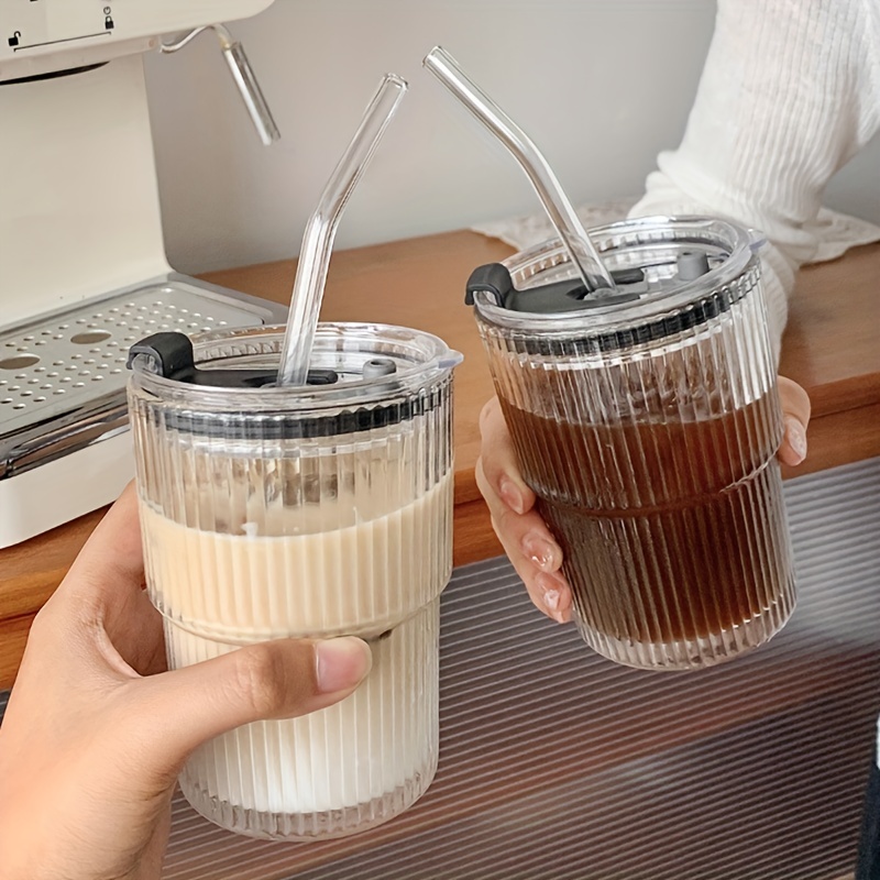 Simple Vertical Striped Glass With Lid Straw Cup Water Cup Milk