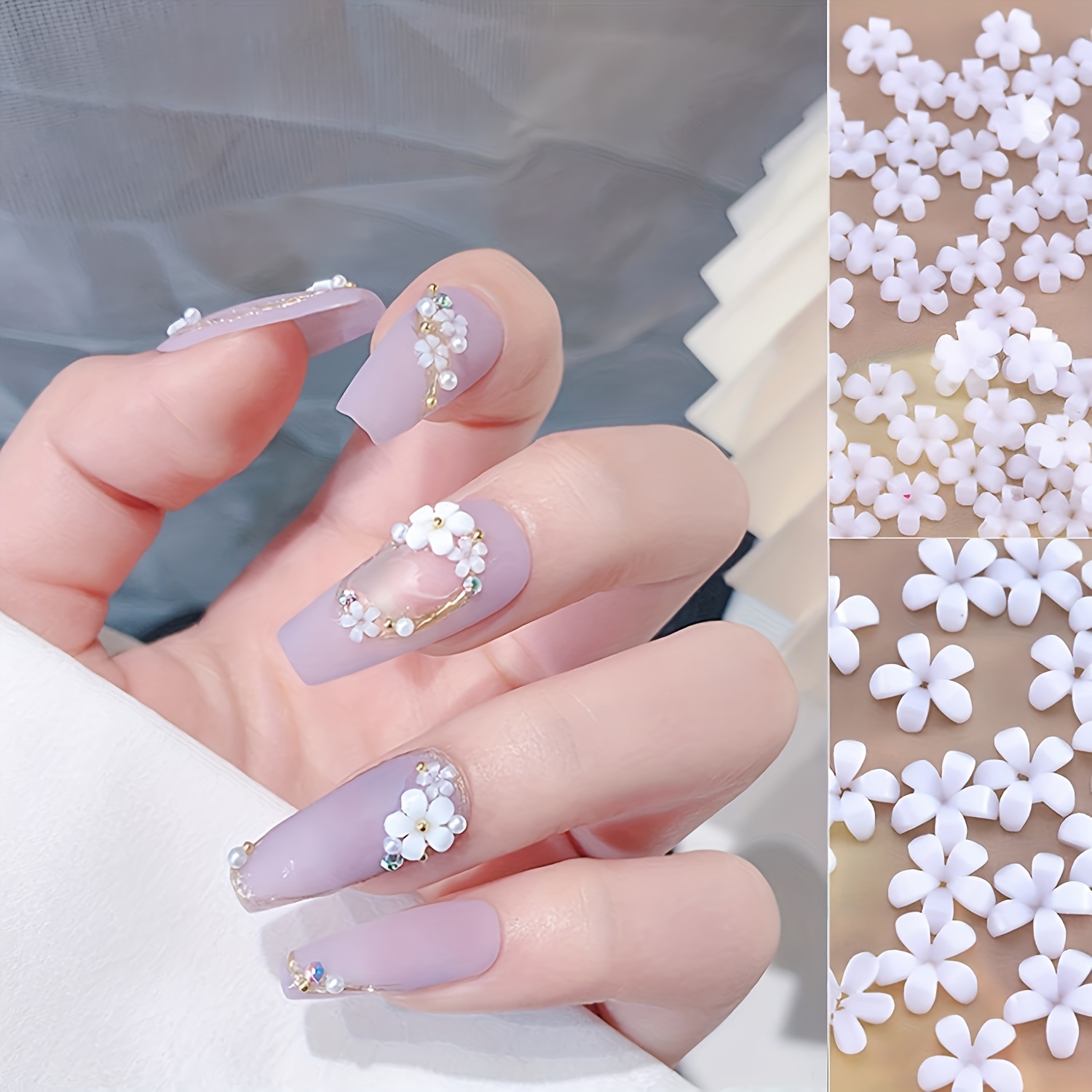 White Pink 3d Acrylic Flower Nail Charms With Pearl Golden Caviar