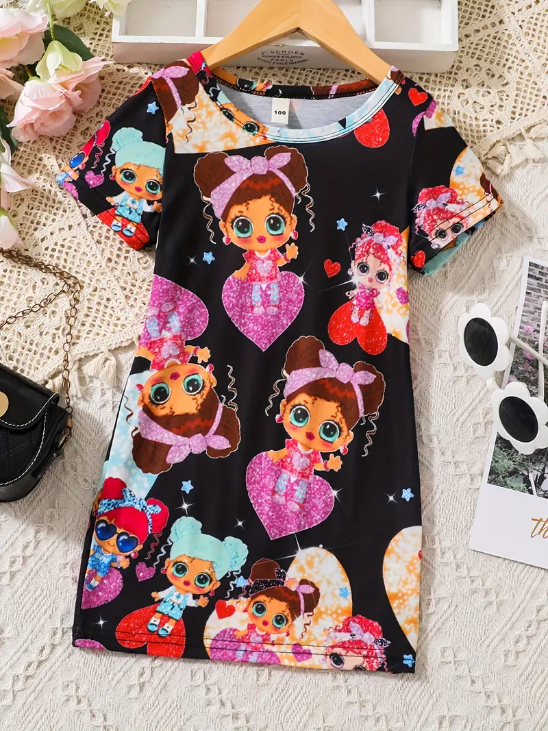 toddler girls cute cartoon shiny girl graphic crew neck casual t shirt dress for party kids summer clothes details 31
