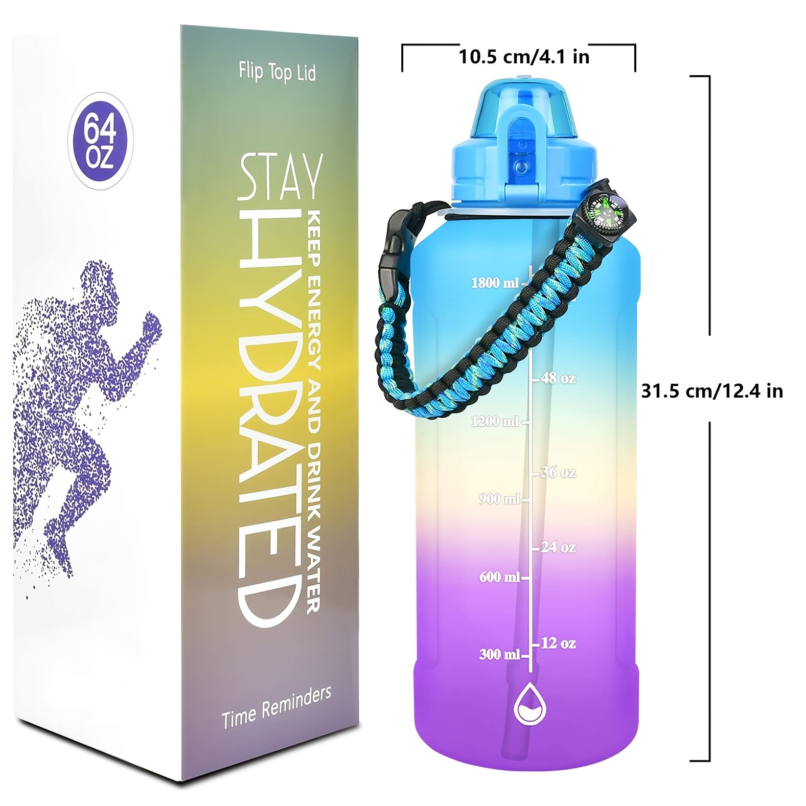 50 OZ Large Half Gallon Water Bottle with Straw Motivational with Time  Marker Free with Paracord Handle for Fitness Gym and Outdoor Sports Gift