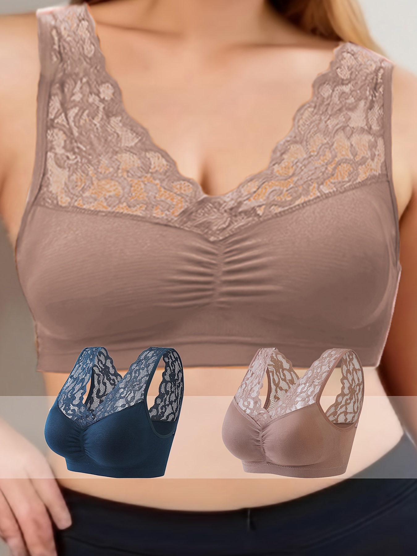Women's Elegant Bras Plus Size Seamless Ruched Contrast Lace - Temu Canada
