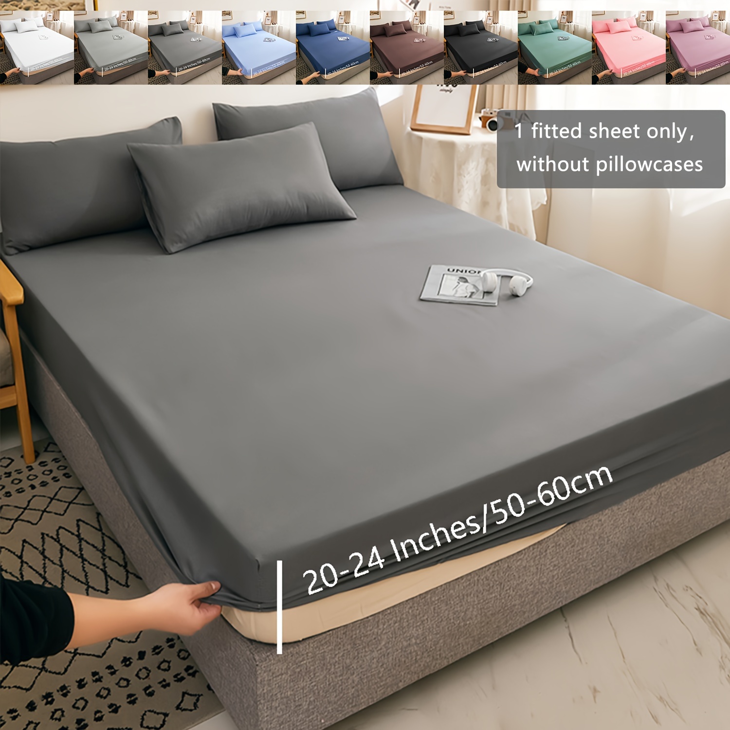 1pc brushed fitted sheet without pillowcase soft comfortable bedding solid color mattress protector for bedroom guest room with 20 24 deep pocket fitted bed sheet only details 0