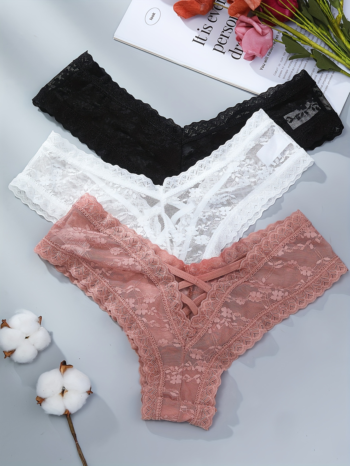 Floral Lace Logo Waistband Thong, Pink