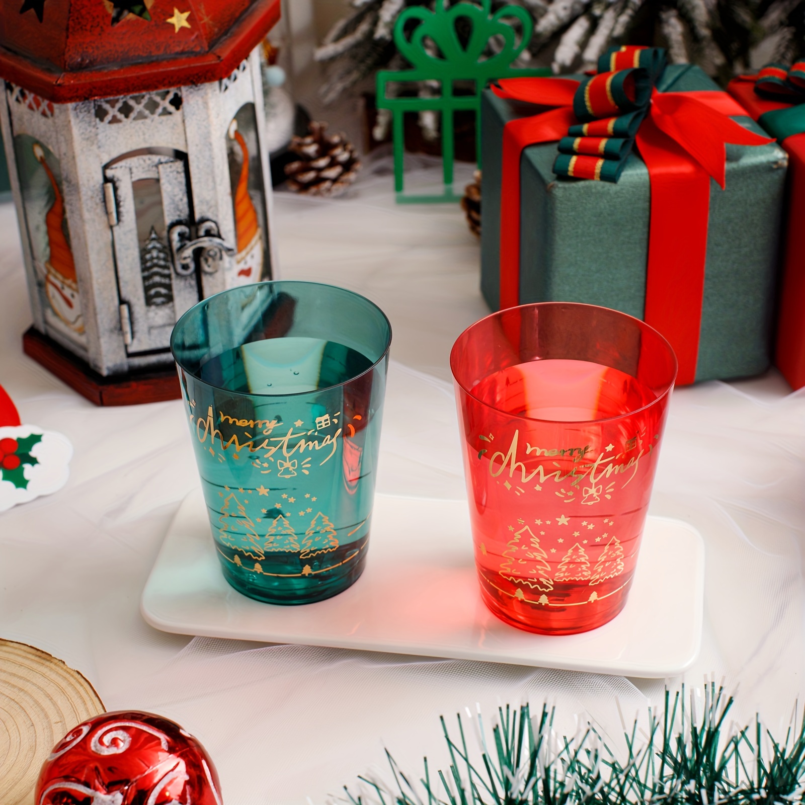 Red Christmas Plastic Cups Clear Disposable Cups With Red - Temu