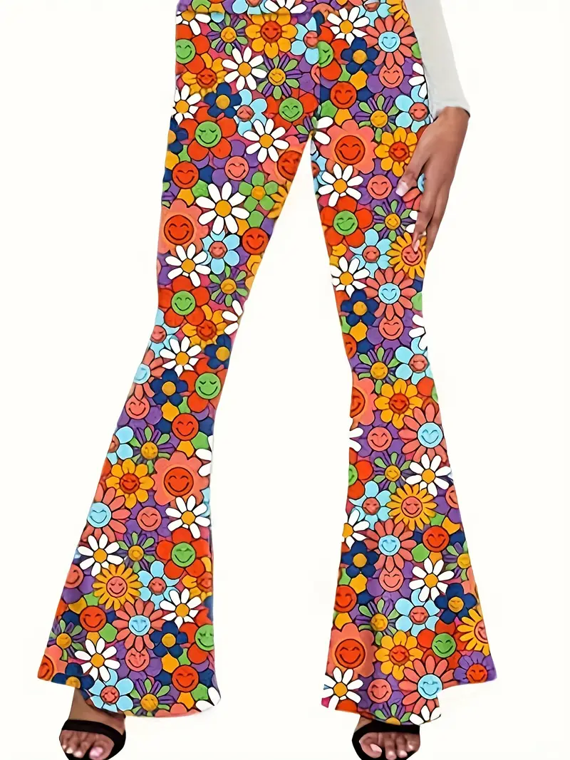 Pantalones Hippie Cintura Alta Estampado Floral Pantalones - Temu