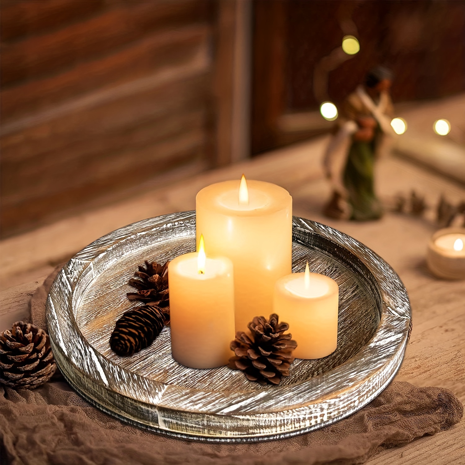 Wood Decorative Tray Round: White Washed Bead Tray for Coffee Table Rustic  Woode