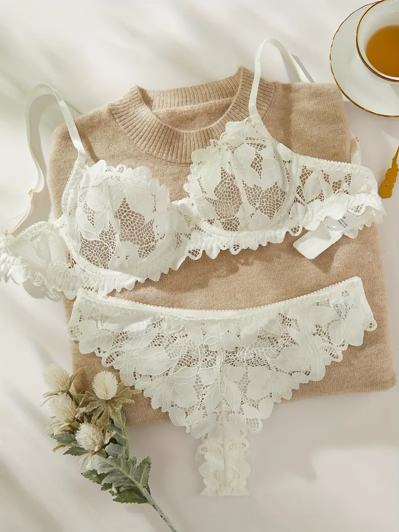 Floral Lace Lingerie Set, Cut Out Unlined Bra & Panties, Women's Sexy  Lingerie & Underwear